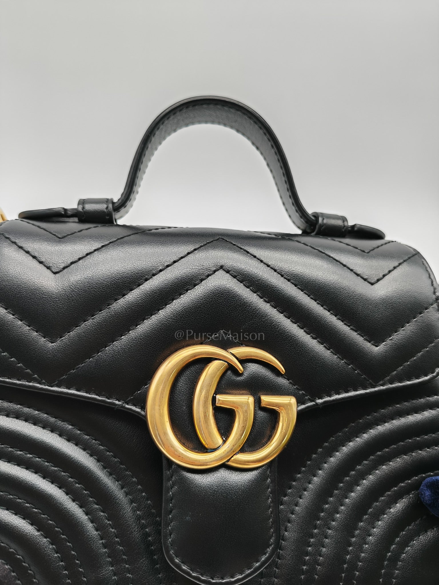 GG Marmont Mini Top Handle Bag in Black Matelasse Chevron Quilted Calfskin Leather & Aged Gold Hardware