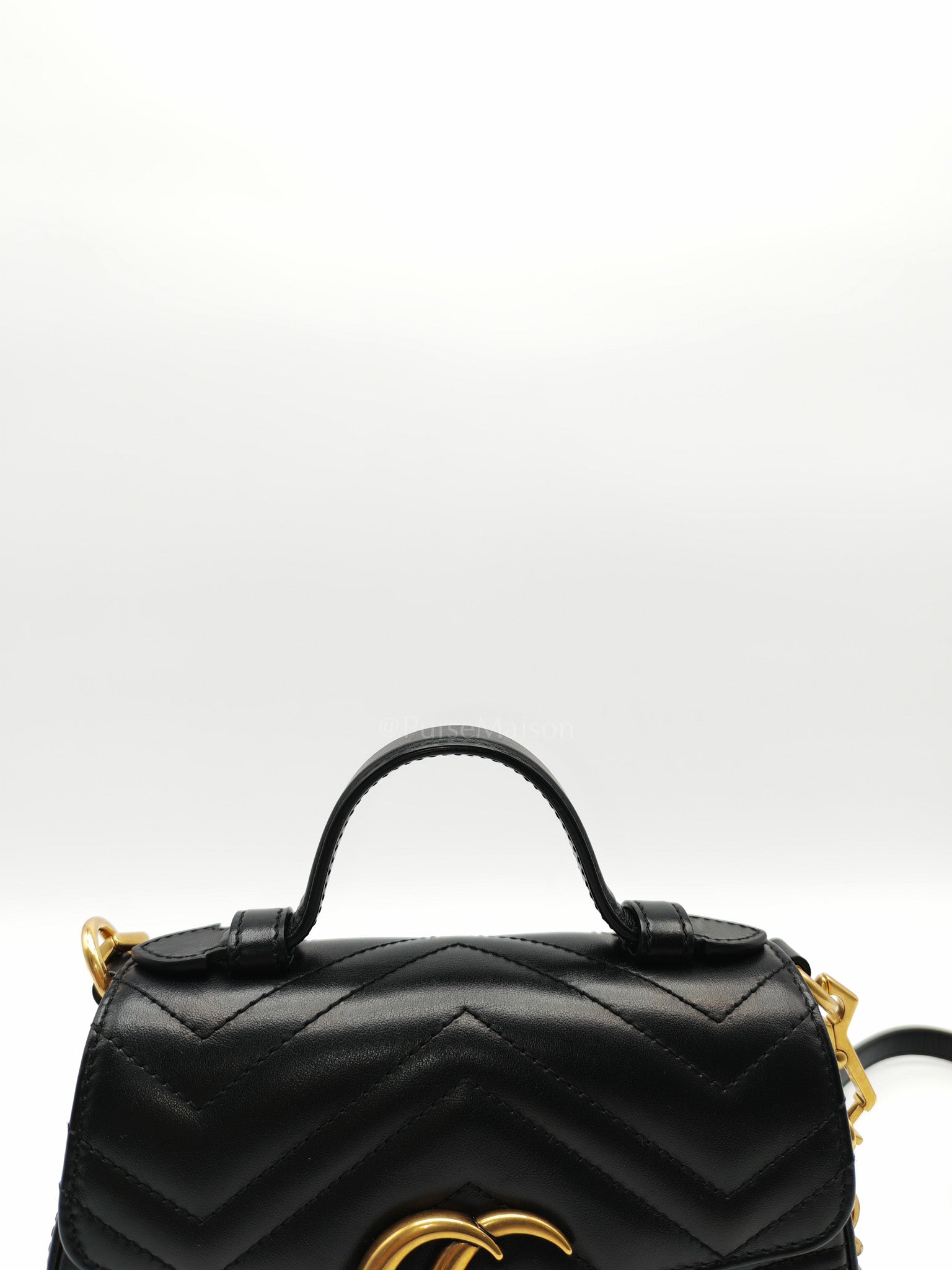 GG Marmont Mini Top Handle Bag in Black Matelasse Chevron Quilted Calfskin Leather & Aged Gold Hardware