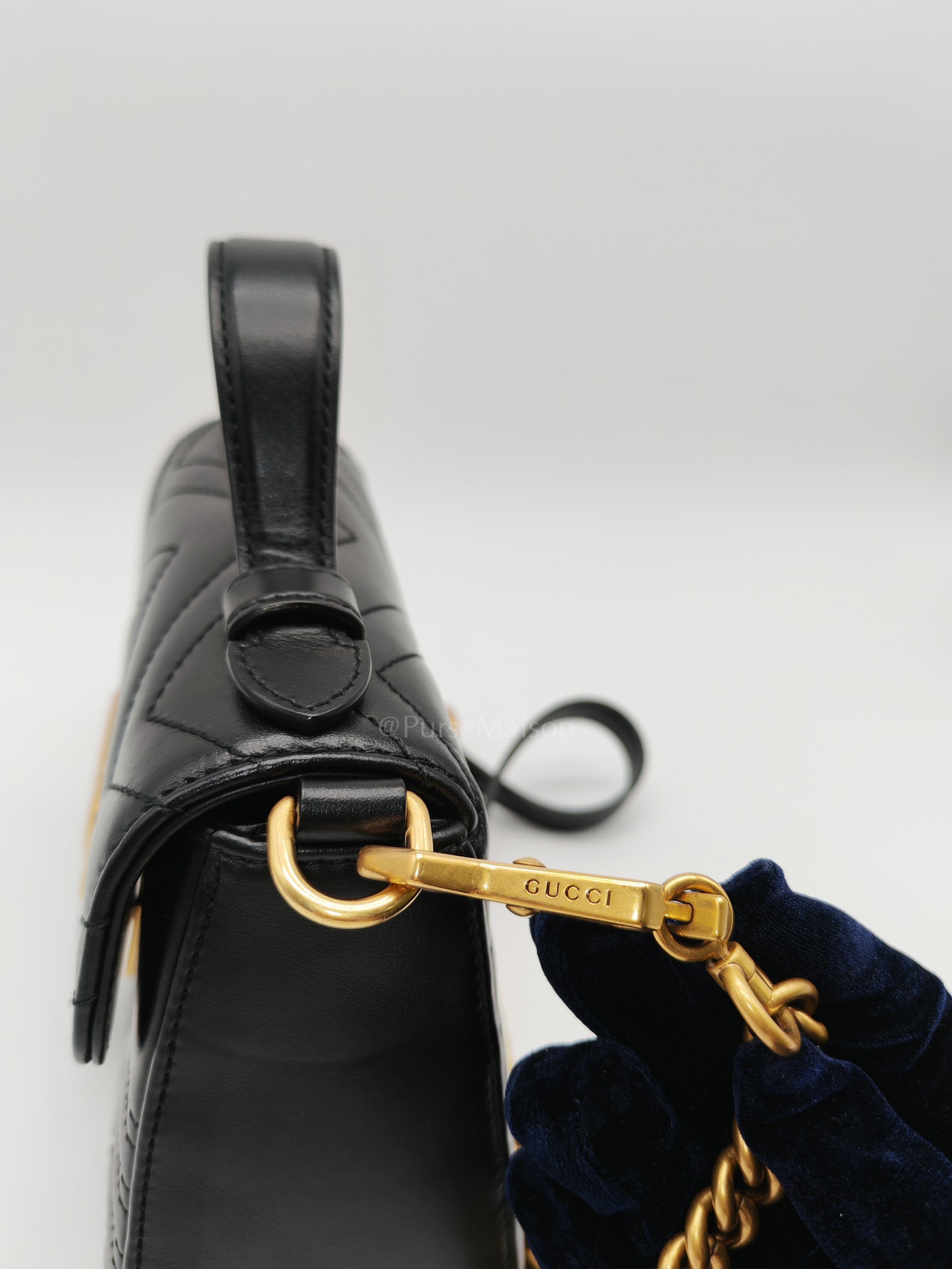 GG Marmont Mini Top Handle Bag in Black Matelasse Chevron Quilted Calfskin Leather & Aged Gold Hardware