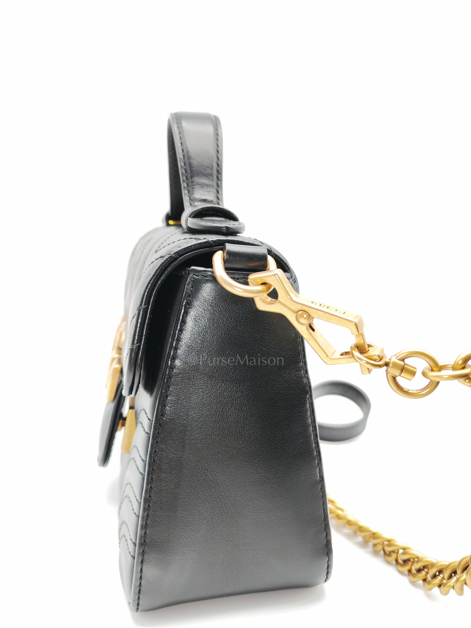GG Marmont Mini Top Handle Bag in Black Matelasse Chevron Quilted Calfskin Leather & Aged Gold Hardware