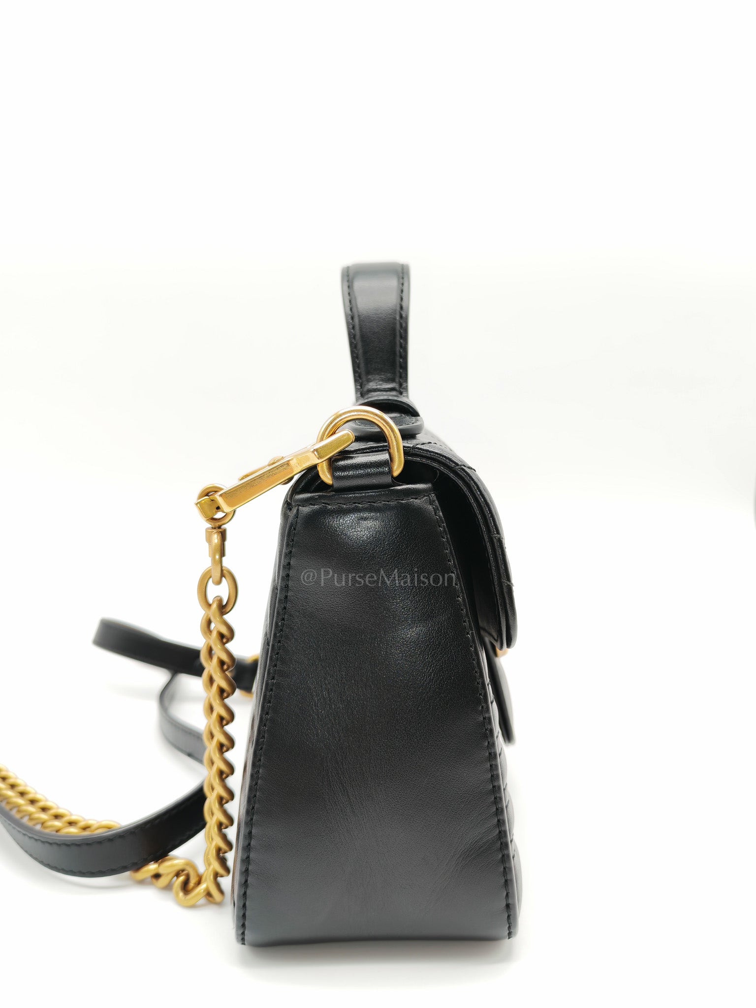 GG Marmont Mini Top Handle Bag in Black Matelasse Chevron Quilted Calfskin Leather & Aged Gold Hardware