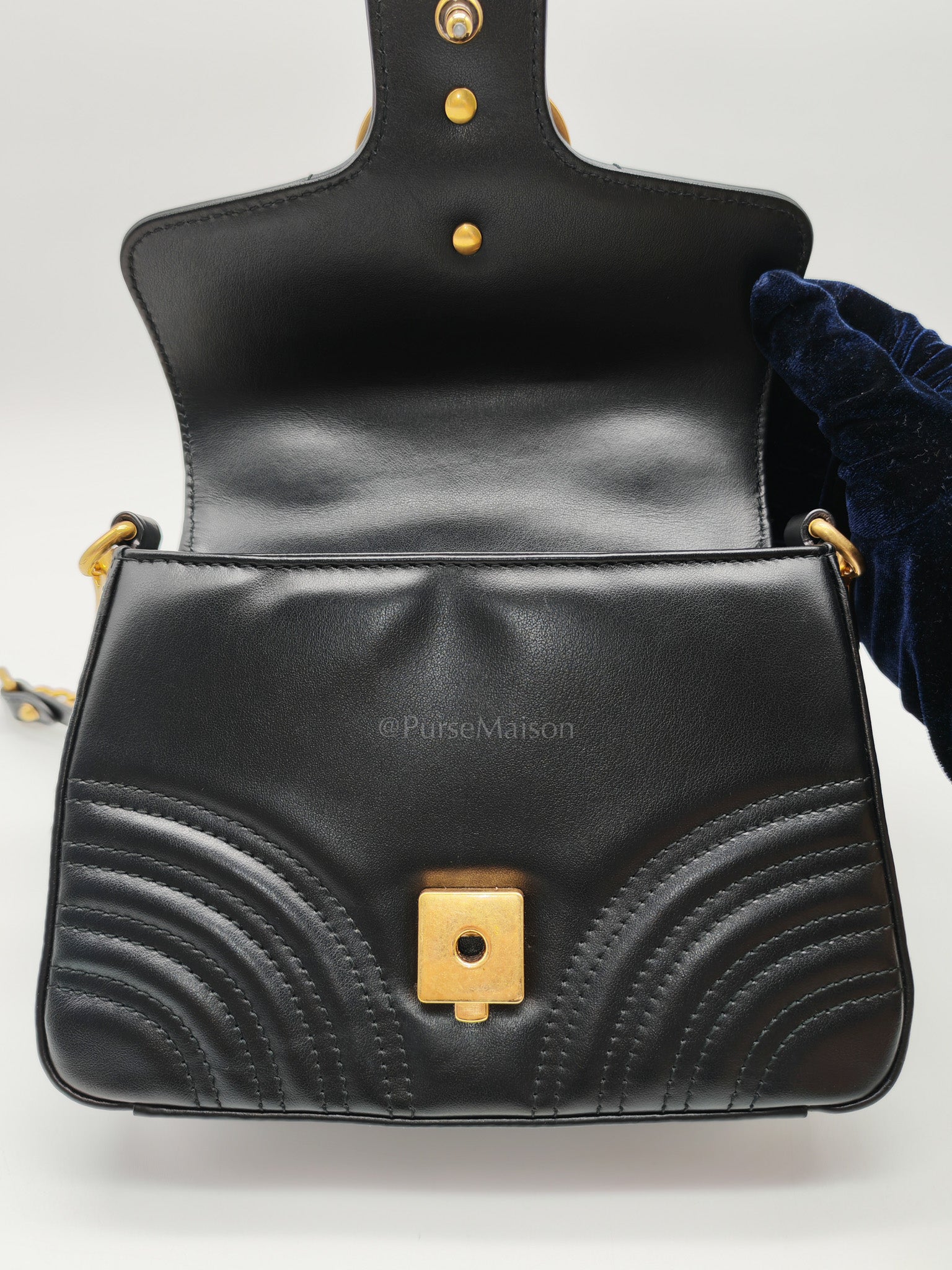 GG Marmont Mini Top Handle Bag in Black Matelasse Chevron Quilted Calfskin Leather & Aged Gold Hardware
