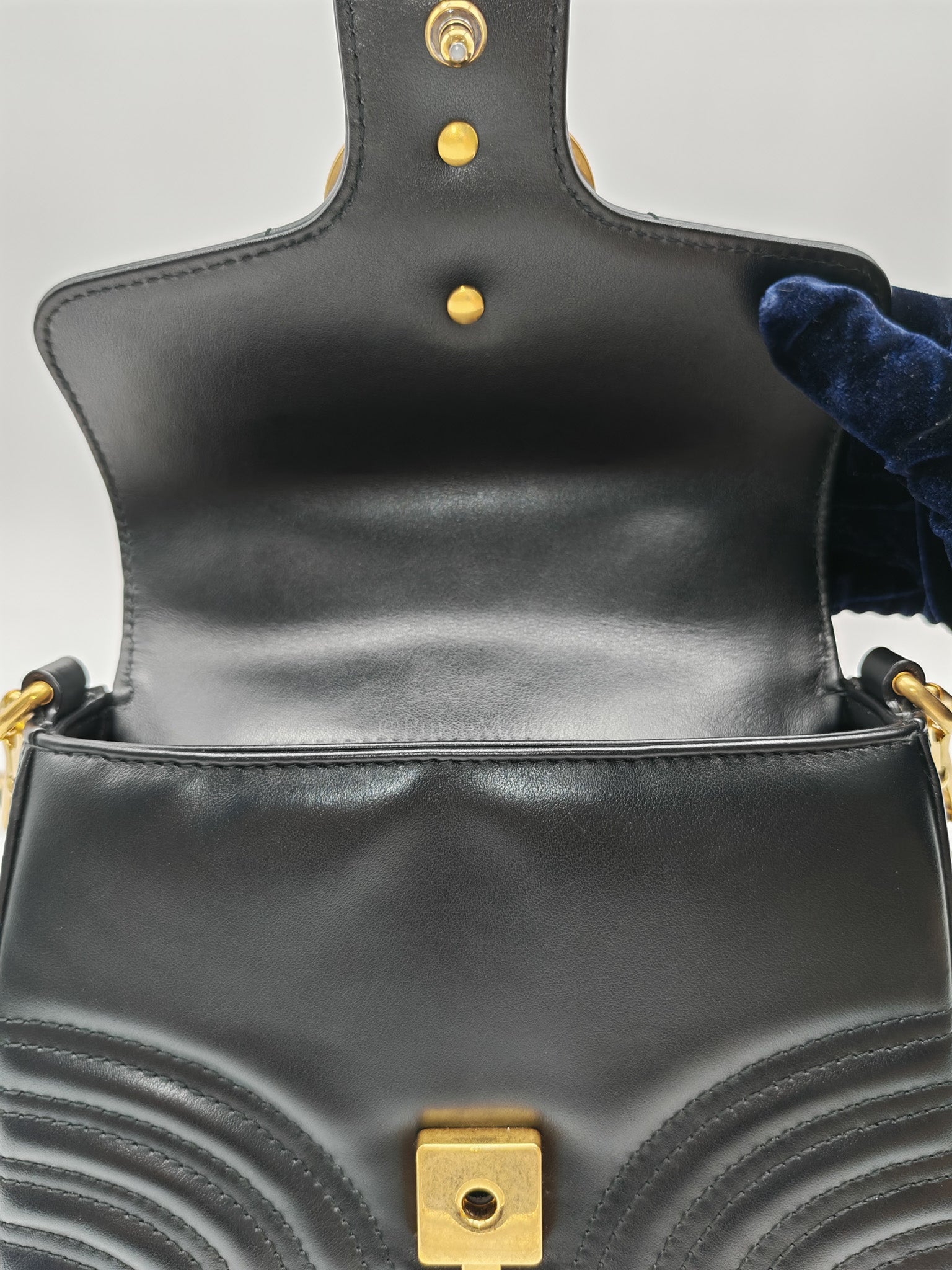 GG Marmont Mini Top Handle Bag in Black Matelasse Chevron Quilted Calfskin Leather & Aged Gold Hardware