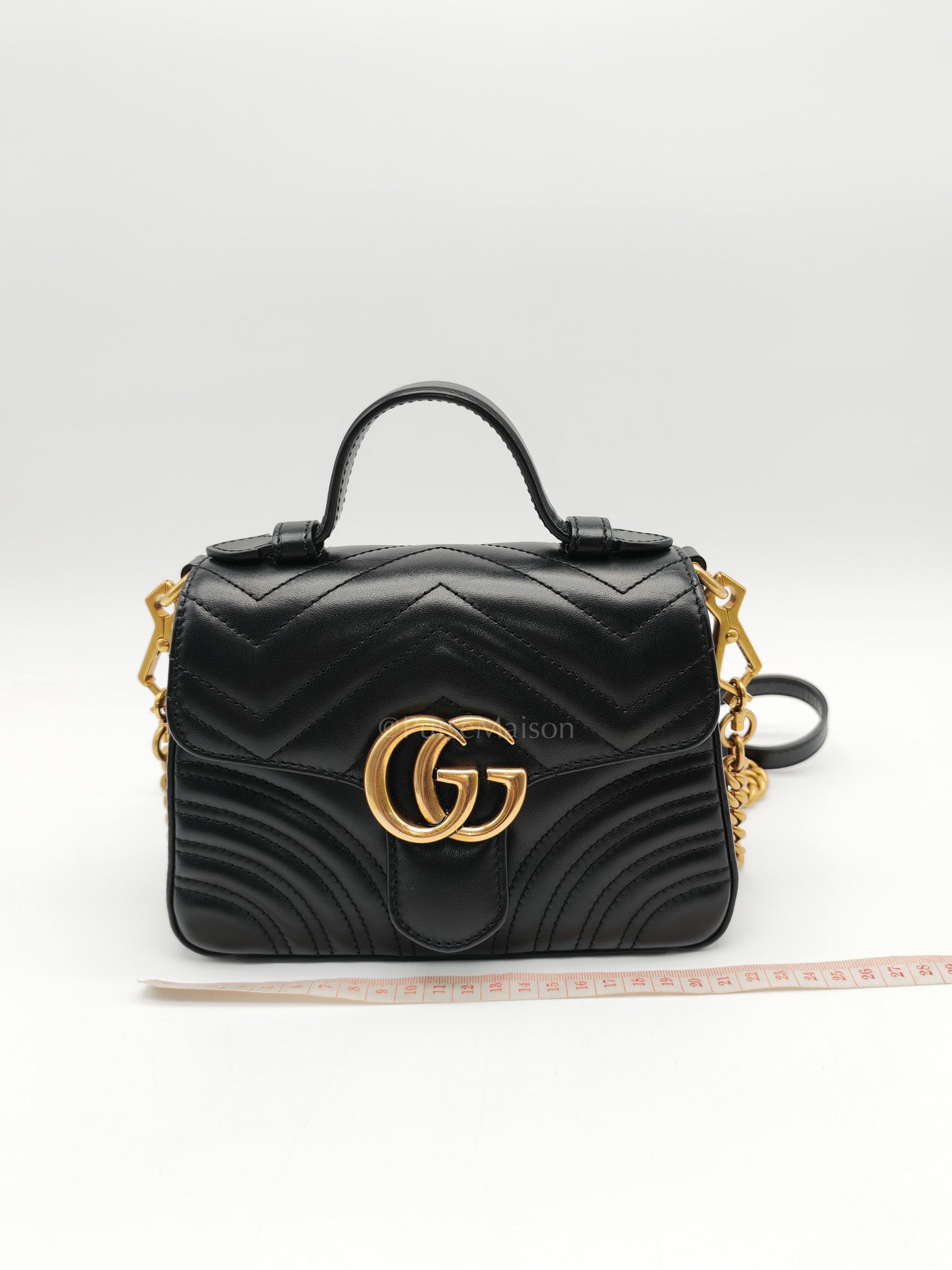 GG Marmont Mini Top Handle Bag in Black Matelasse Chevron Quilted Calfskin Leather & Aged Gold Hardware