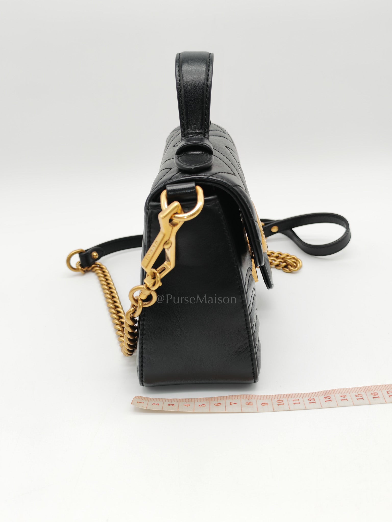 GG Marmont Mini Top Handle Bag in Black Matelasse Chevron Quilted Calfskin Leather & Aged Gold Hardware