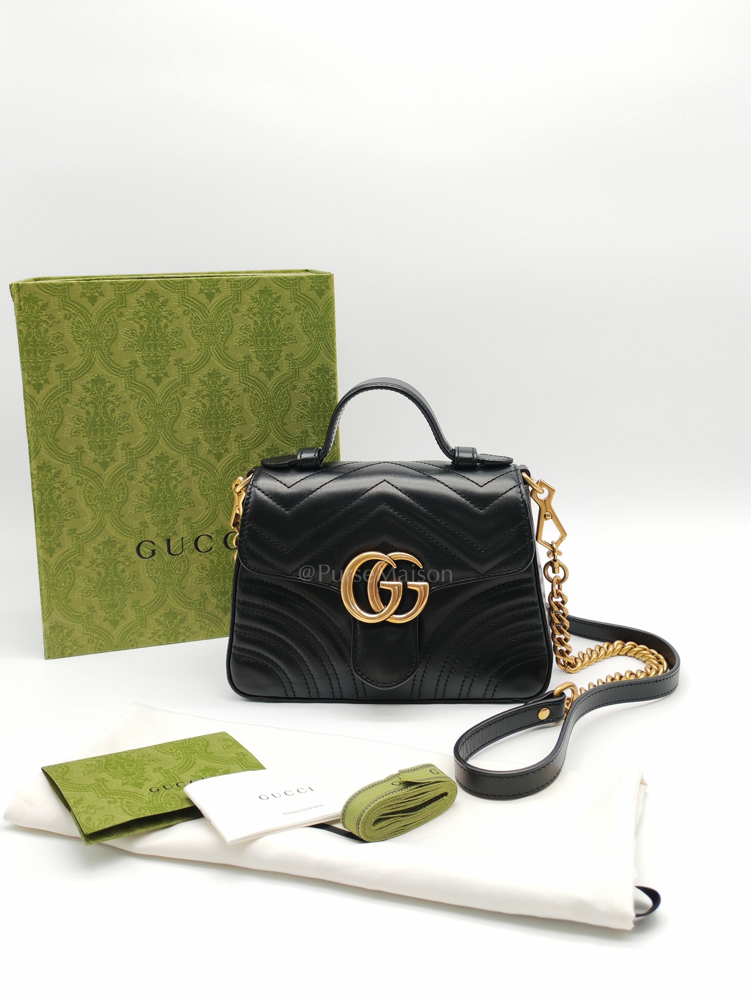 GG Marmont Mini Top Handle Bag in Black Matelasse Chevron Quilted Calfskin Leather & Aged Gold Hardware
