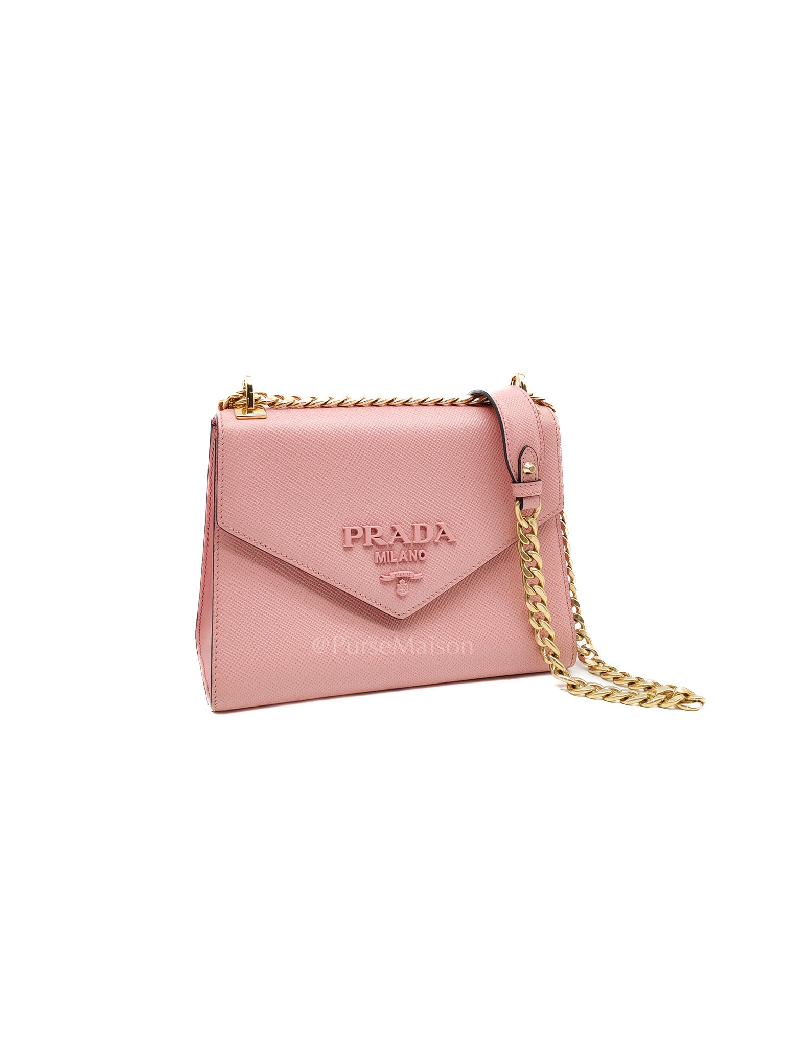 Prada Monochrome Envelope Flap Chain Shoulder Bag in Pink Cuir Calfskin Leather and Gold Hardware