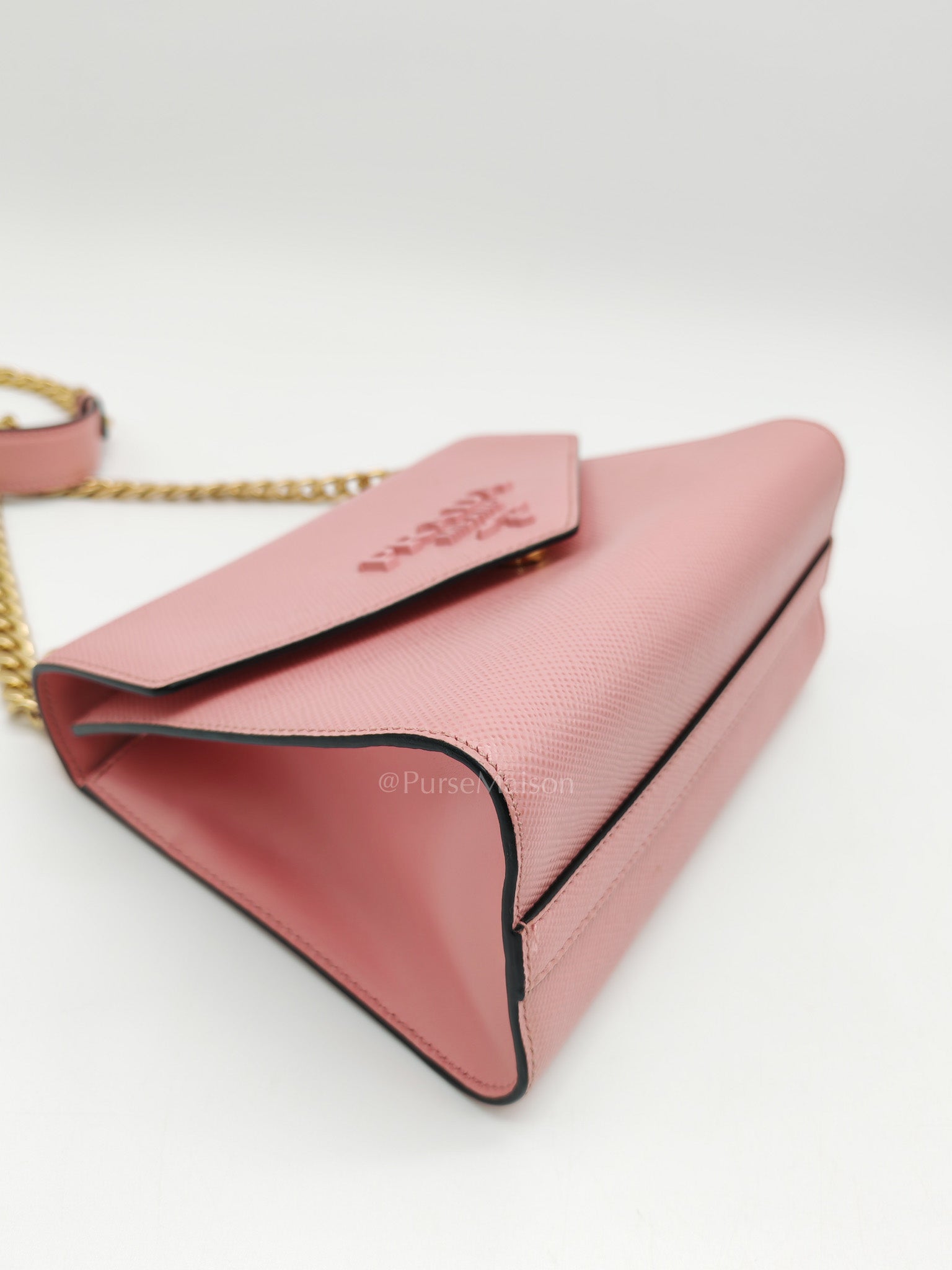 Prada Monochrome Envelope Flap Chain Shoulder Bag in Pink Cuir Calfskin Leather and Gold Hardware