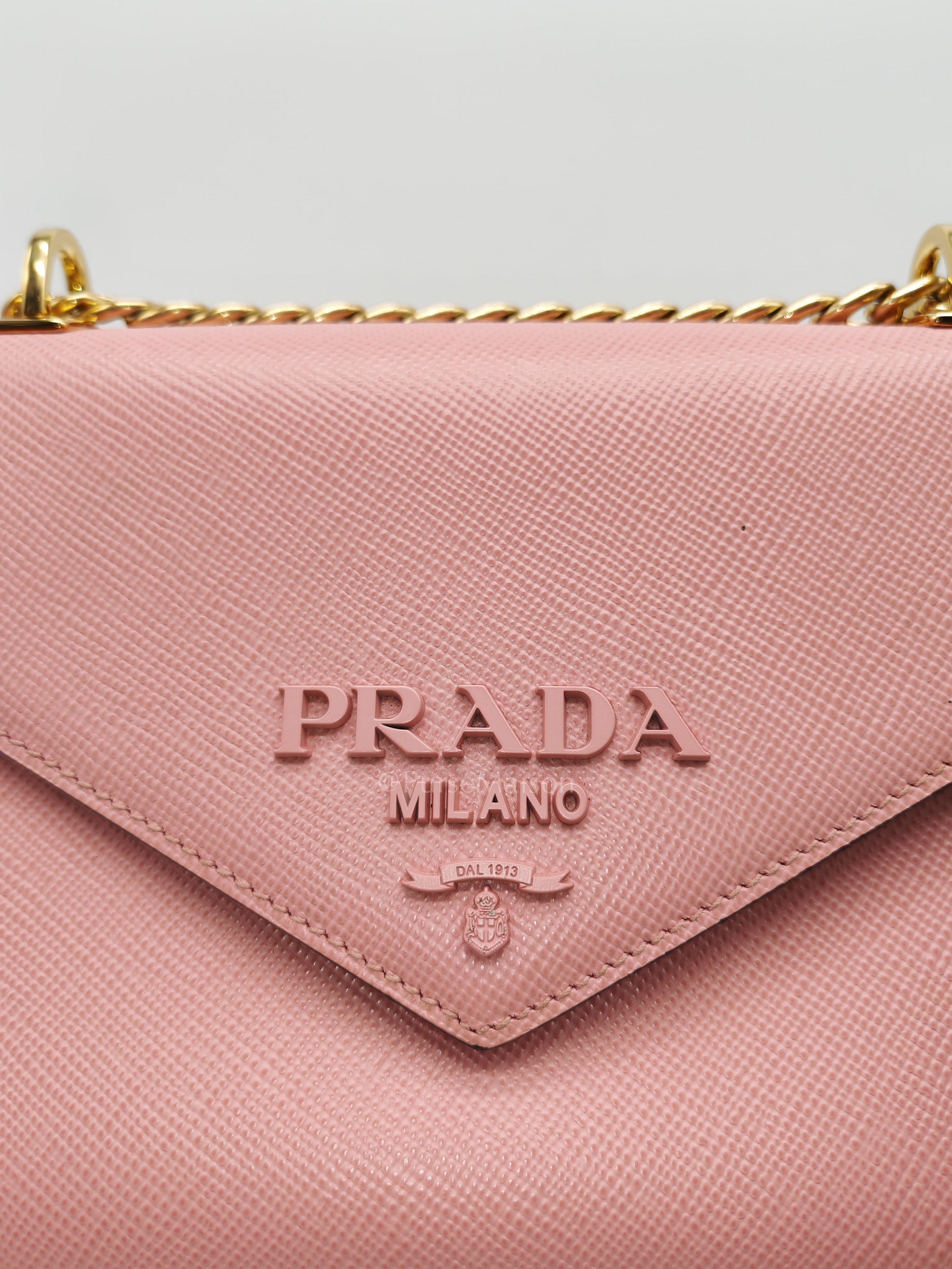Prada Monochrome Envelope Flap Chain Shoulder Bag in Pink Cuir Calfskin Leather and Gold Hardware