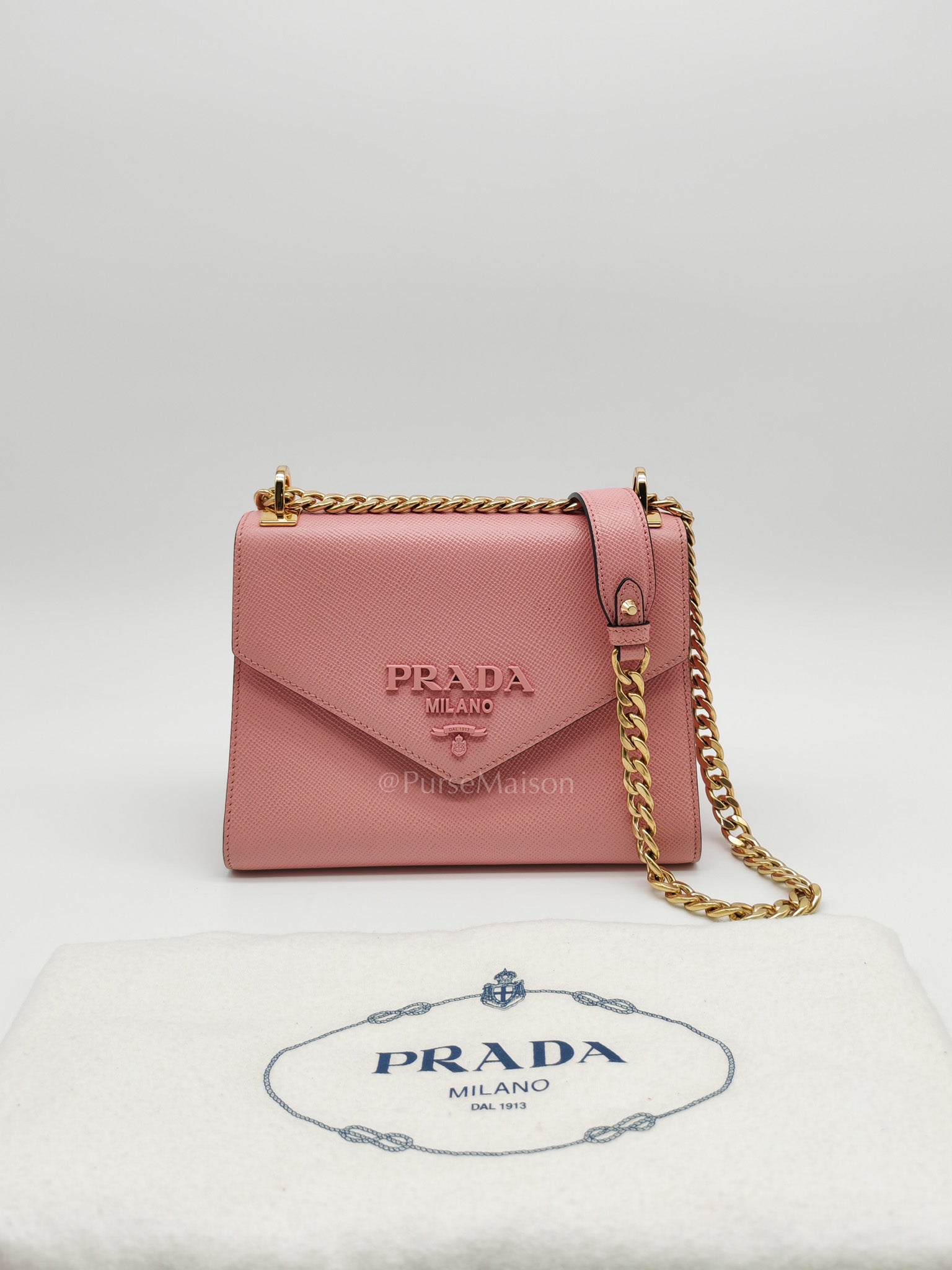 Prada Monochrome Envelope Flap Chain Shoulder Bag in Pink Cuir Calfskin Leather and Gold Hardware