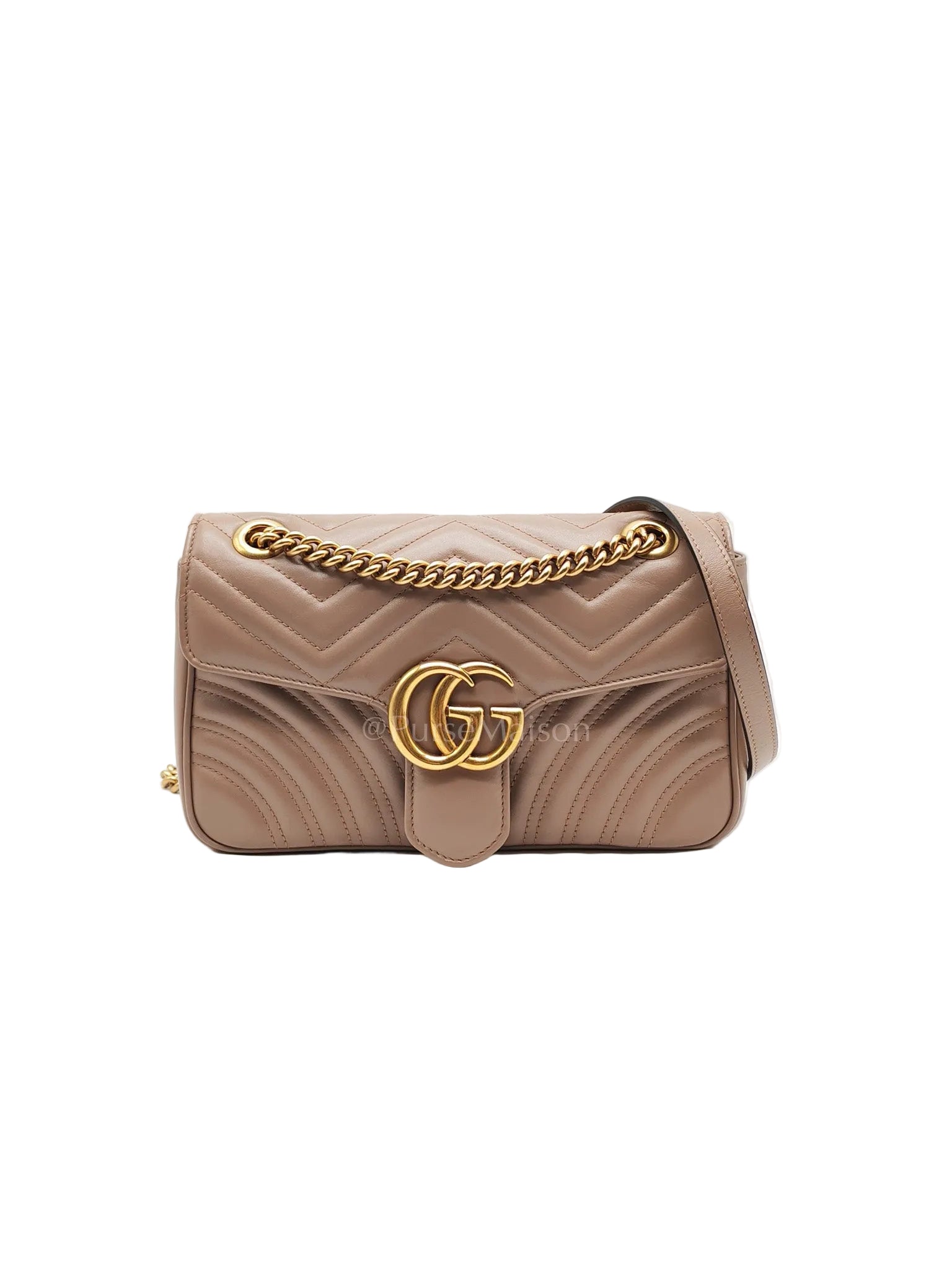 GG Marmont Small Shoulder Bag In Porcelain Rose Chevron Quilted Matelasse Calfskin Leather & Gold Hardware