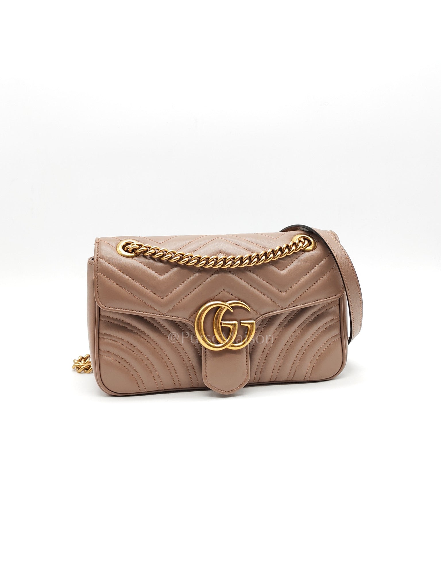 GG Marmont Small Shoulder Bag In Porcelain Rose Chevron Quilted Matelasse Calfskin Leather & Gold Hardware