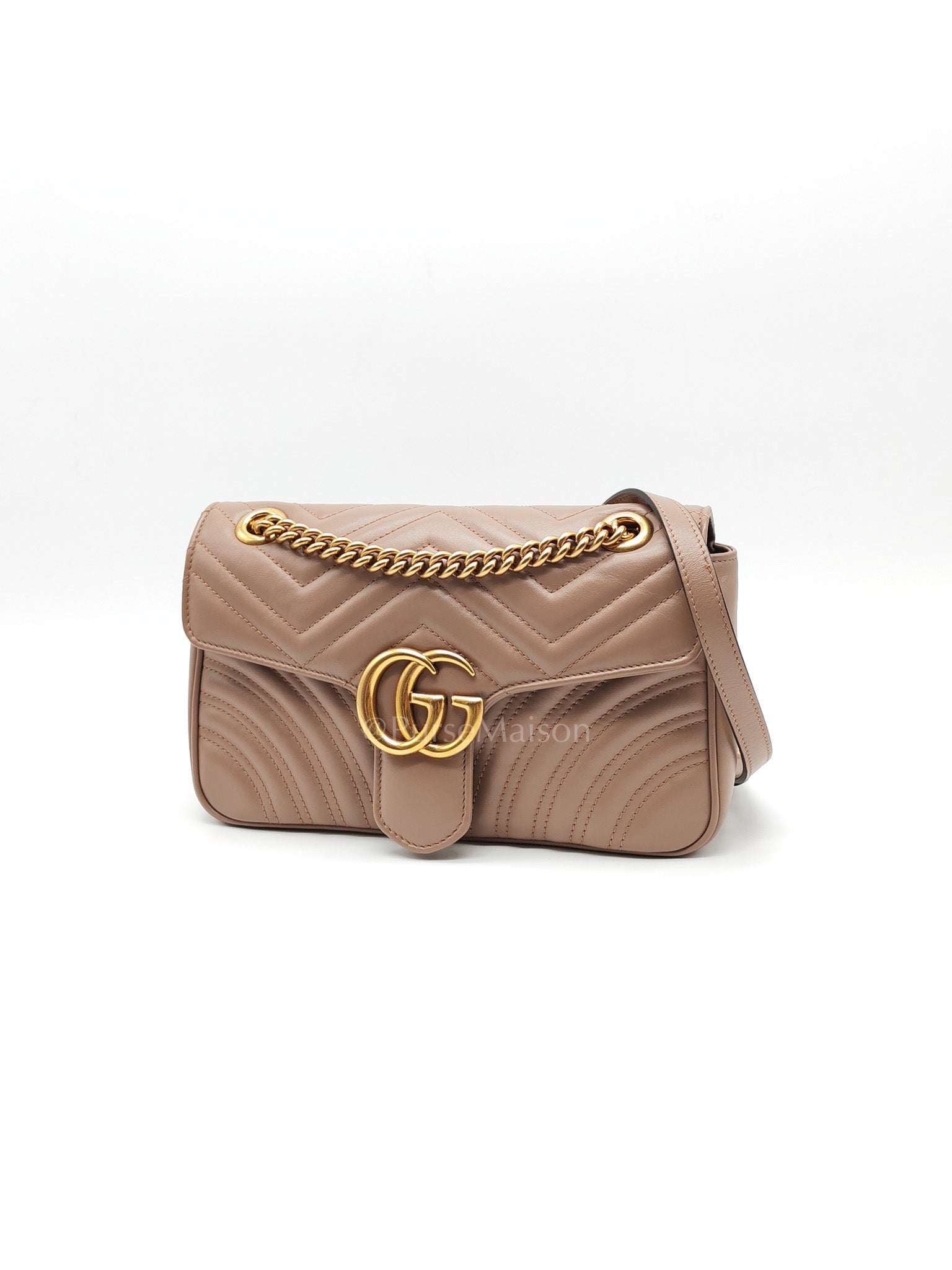 GG Marmont Small Shoulder Bag In Porcelain Rose Chevron Quilted Matelasse Calfskin Leather & Gold Hardware