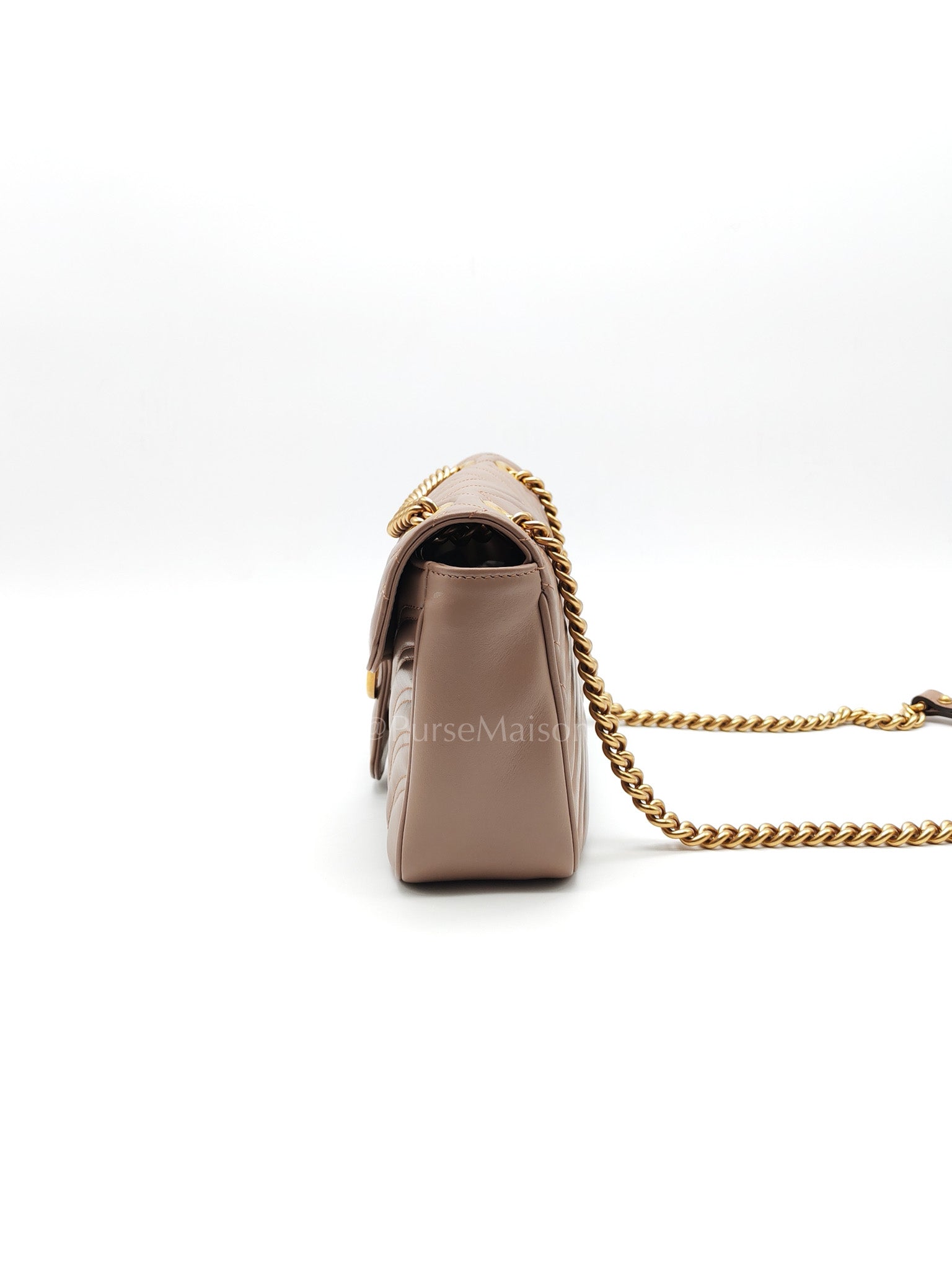 GG Marmont Small Shoulder Bag In Porcelain Rose Chevron Quilted Matelasse Calfskin Leather & Gold Hardware