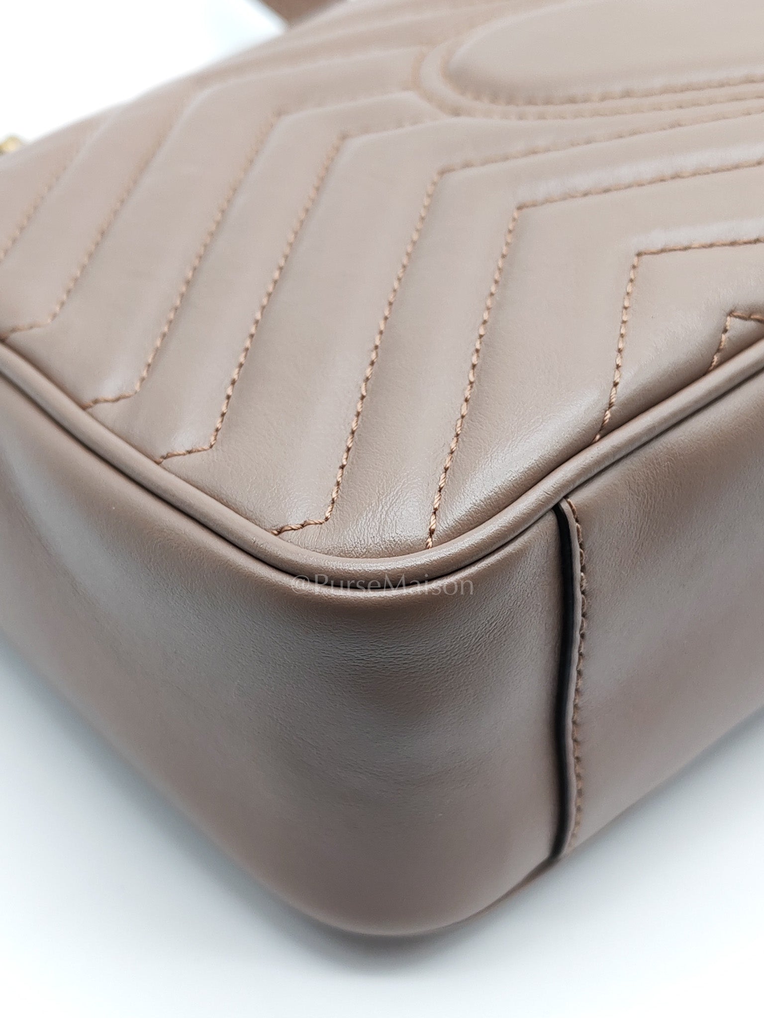GG Marmont Small Shoulder Bag In Porcelain Rose Chevron Quilted Matelasse Calfskin Leather & Gold Hardware