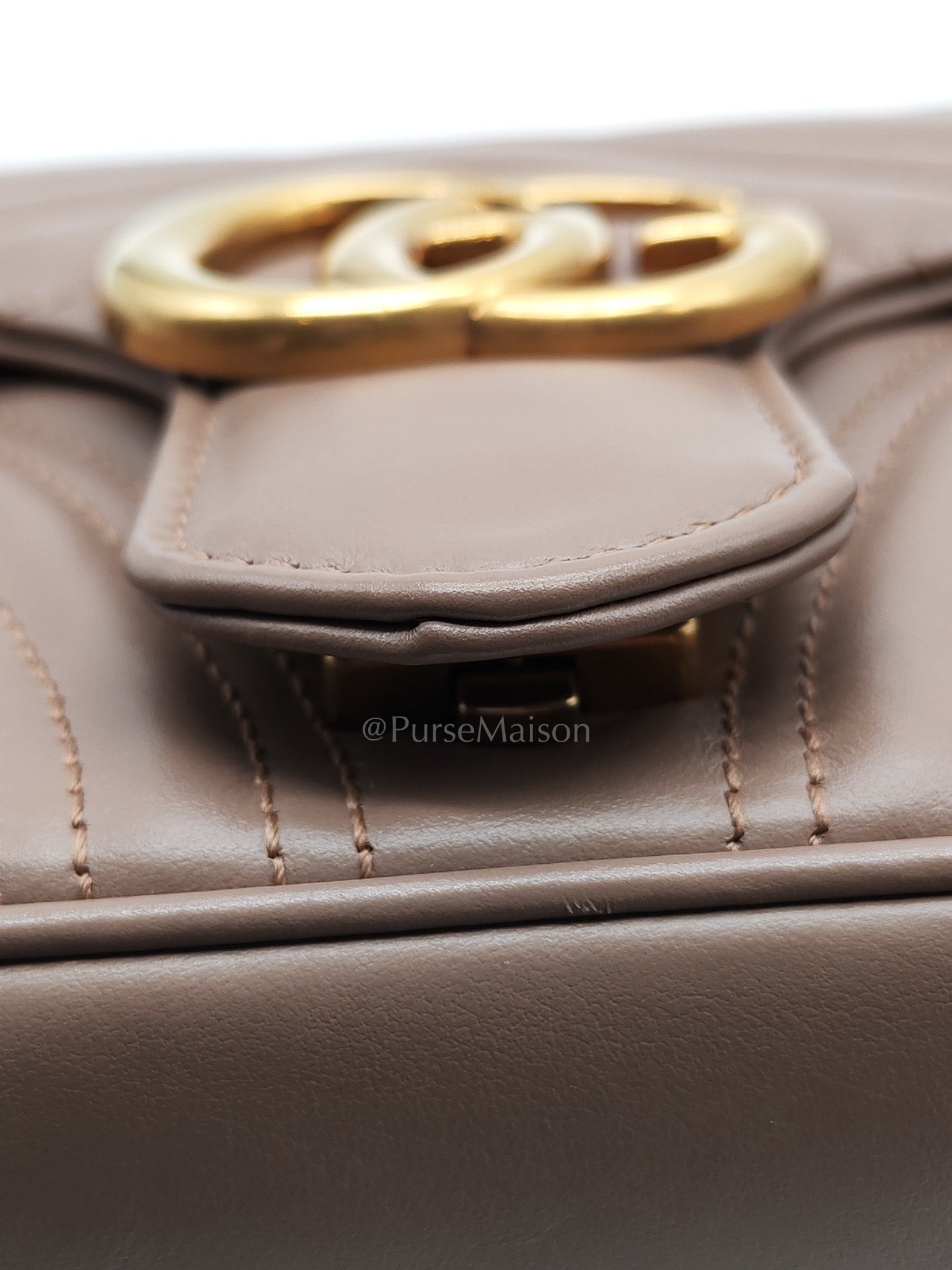 GG Marmont Small Shoulder Bag In Porcelain Rose Chevron Quilted Matelasse Calfskin Leather & Gold Hardware