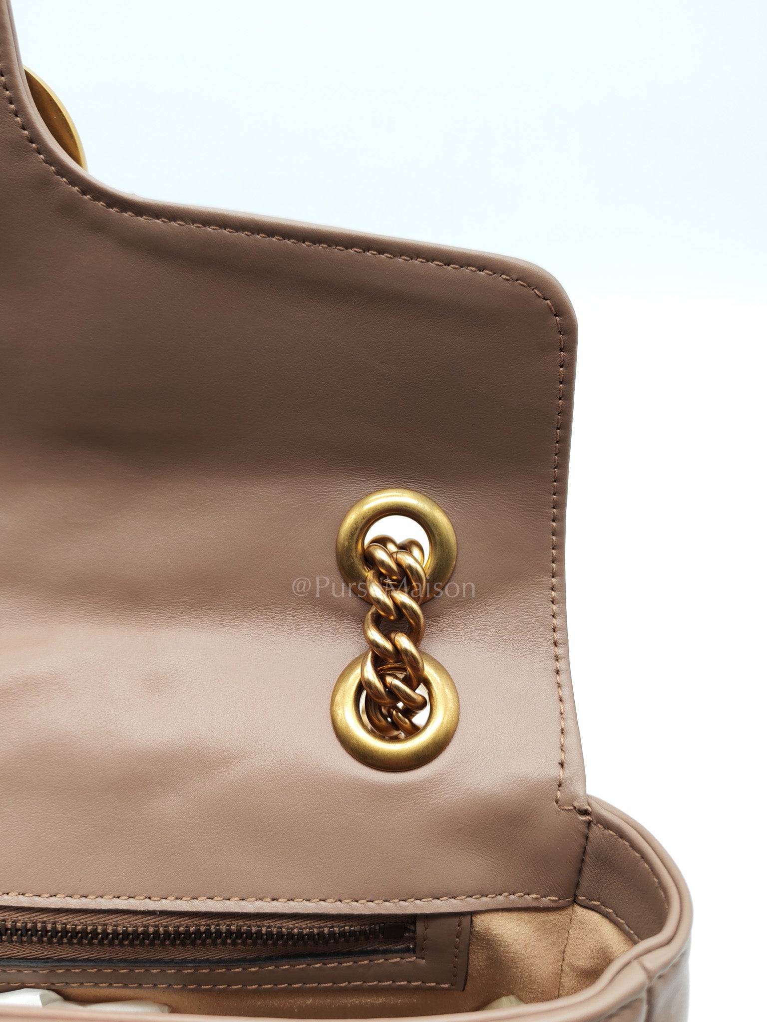 GG Marmont Small Shoulder Bag In Porcelain Rose Chevron Quilted Matelasse Calfskin Leather & Gold Hardware