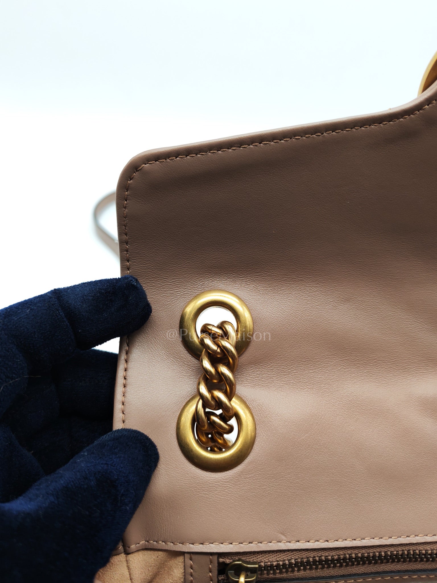 GG Marmont Small Shoulder Bag In Porcelain Rose Chevron Quilted Matelasse Calfskin Leather & Gold Hardware