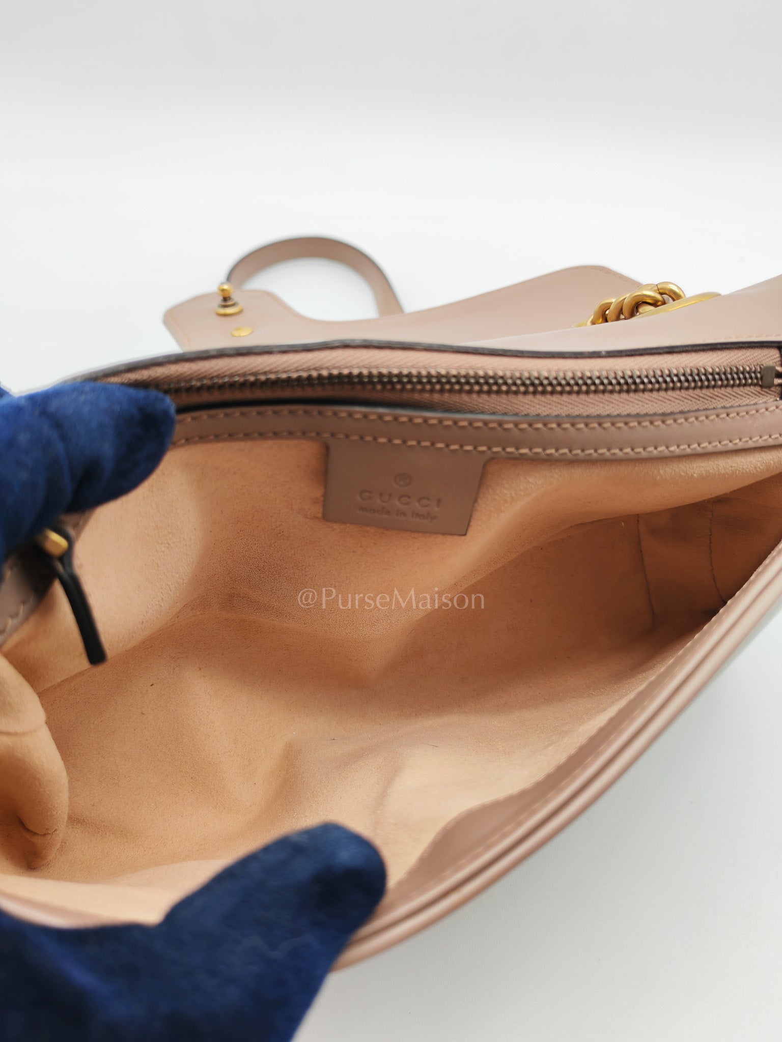 GG Marmont Small Shoulder Bag In Porcelain Rose Chevron Quilted Matelasse Calfskin Leather & Gold Hardware