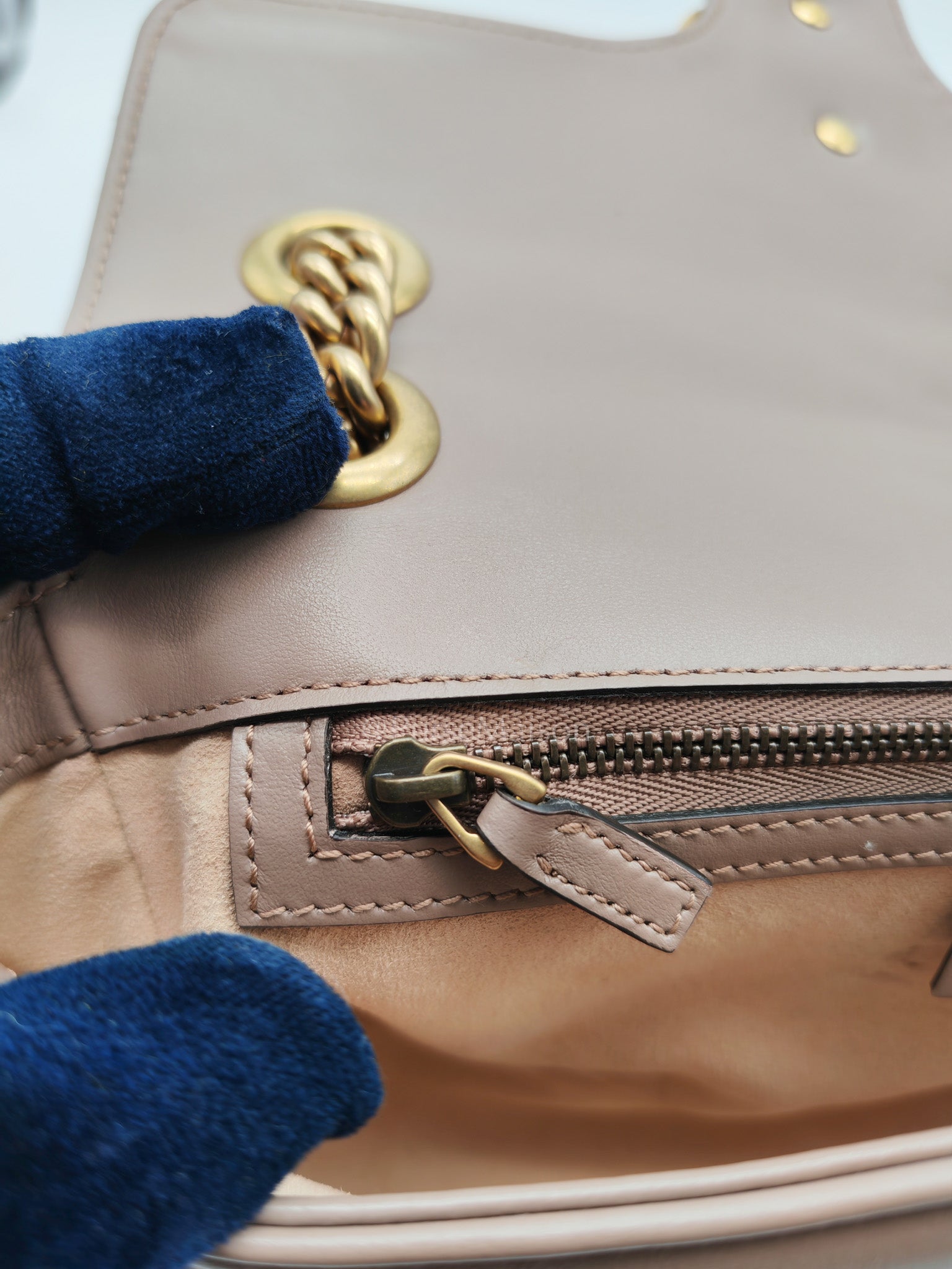 GG Marmont Small Shoulder Bag In Porcelain Rose Chevron Quilted Matelasse Calfskin Leather & Gold Hardware