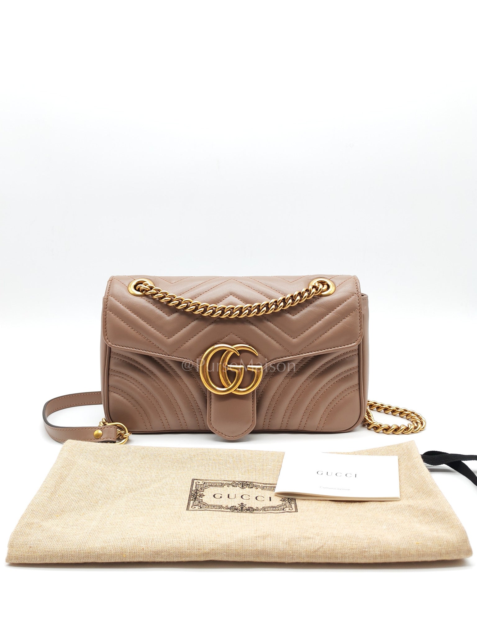 GG Marmont Small Shoulder Bag In Porcelain Rose Chevron Quilted Matelasse Calfskin Leather & Gold Hardware