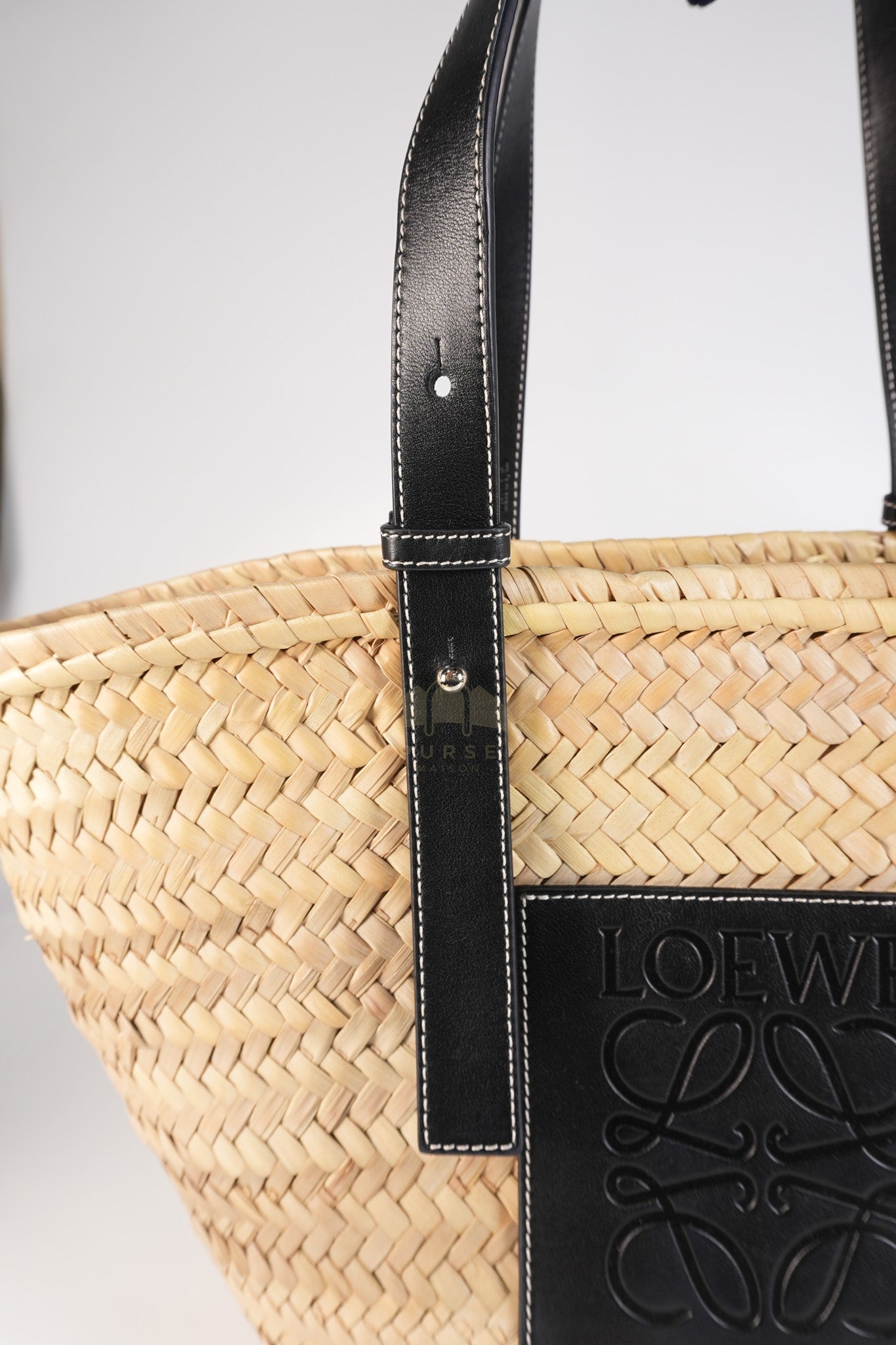 Anagram Woven Raffia Basket Bag & Black Leather | Purse Maison Luxury Bags Shop