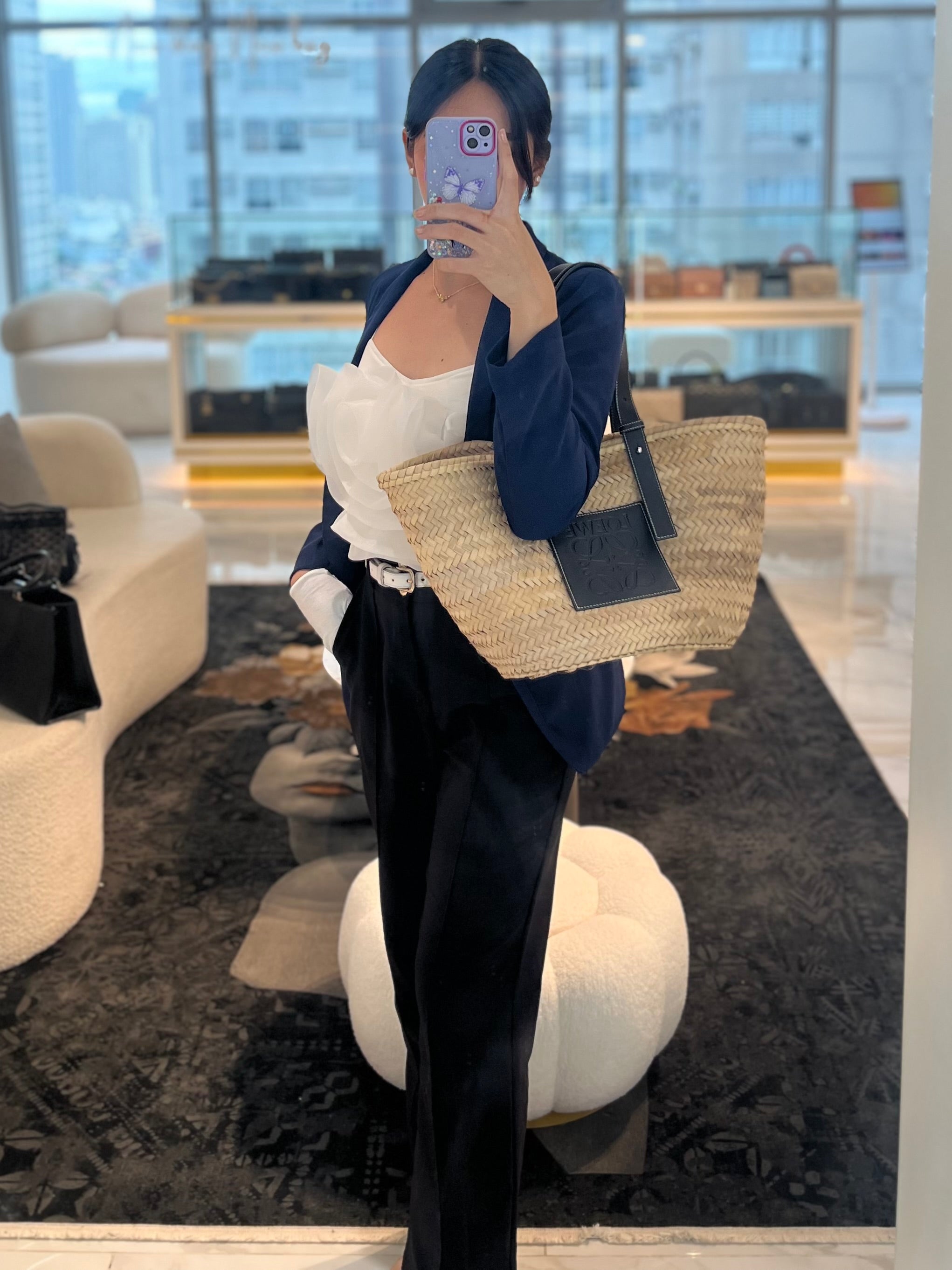 Anagram Woven Raffia Basket Bag & Black Leather | Purse Maison Luxury Bags Shop