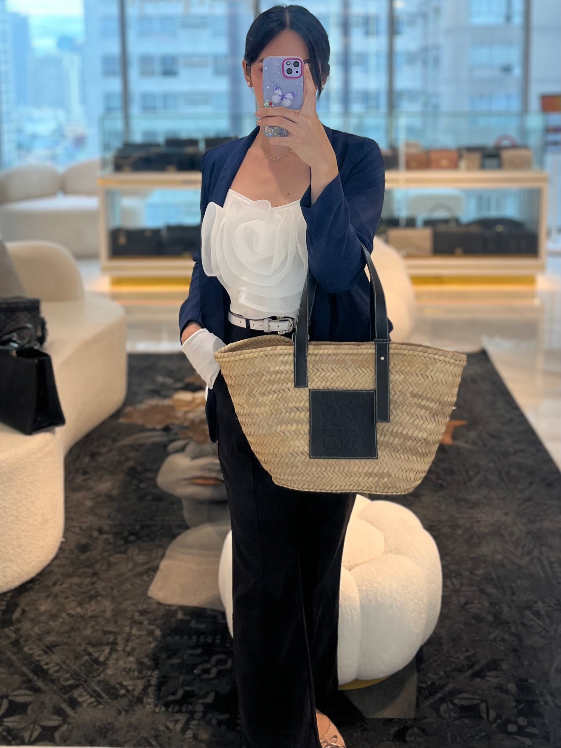 Anagram Woven Raffia Basket Bag & Black Leather | Purse Maison Luxury Bags Shop