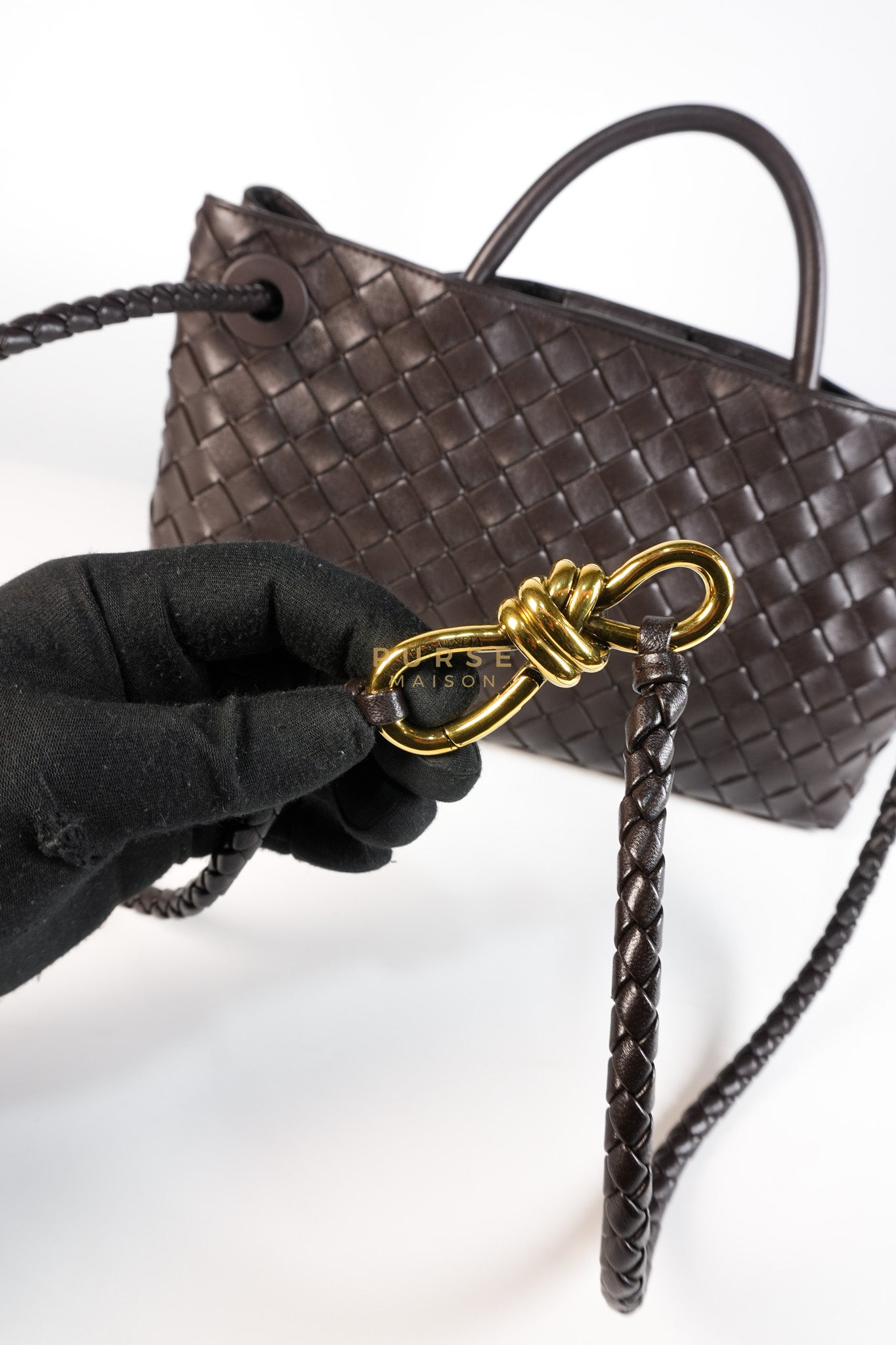 Andiamo East West Top Handle Bag in Dark Brown Intrecciato Leather | Purse Maison Luxury Bags Shop