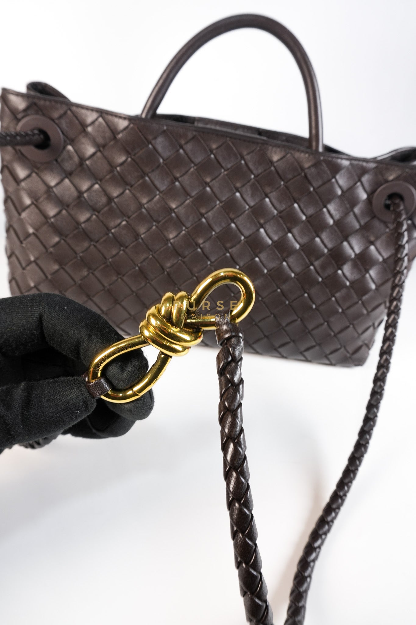 Andiamo East West Top Handle Bag in Dark Brown Intrecciato Leather | Purse Maison Luxury Bags Shop