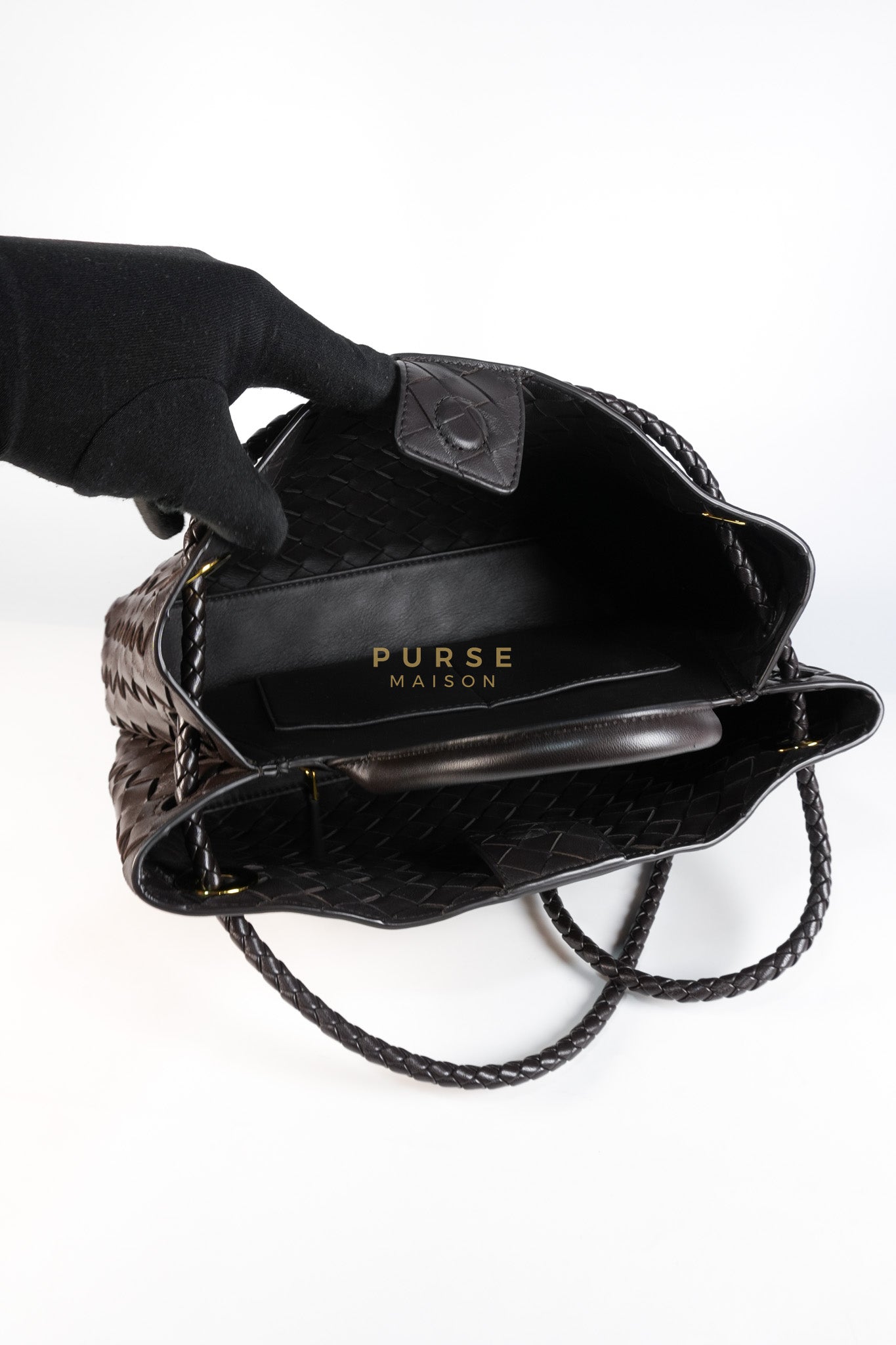 Andiamo East West Top Handle Bag in Dark Brown Intrecciato Leather | Purse Maison Luxury Bags Shop