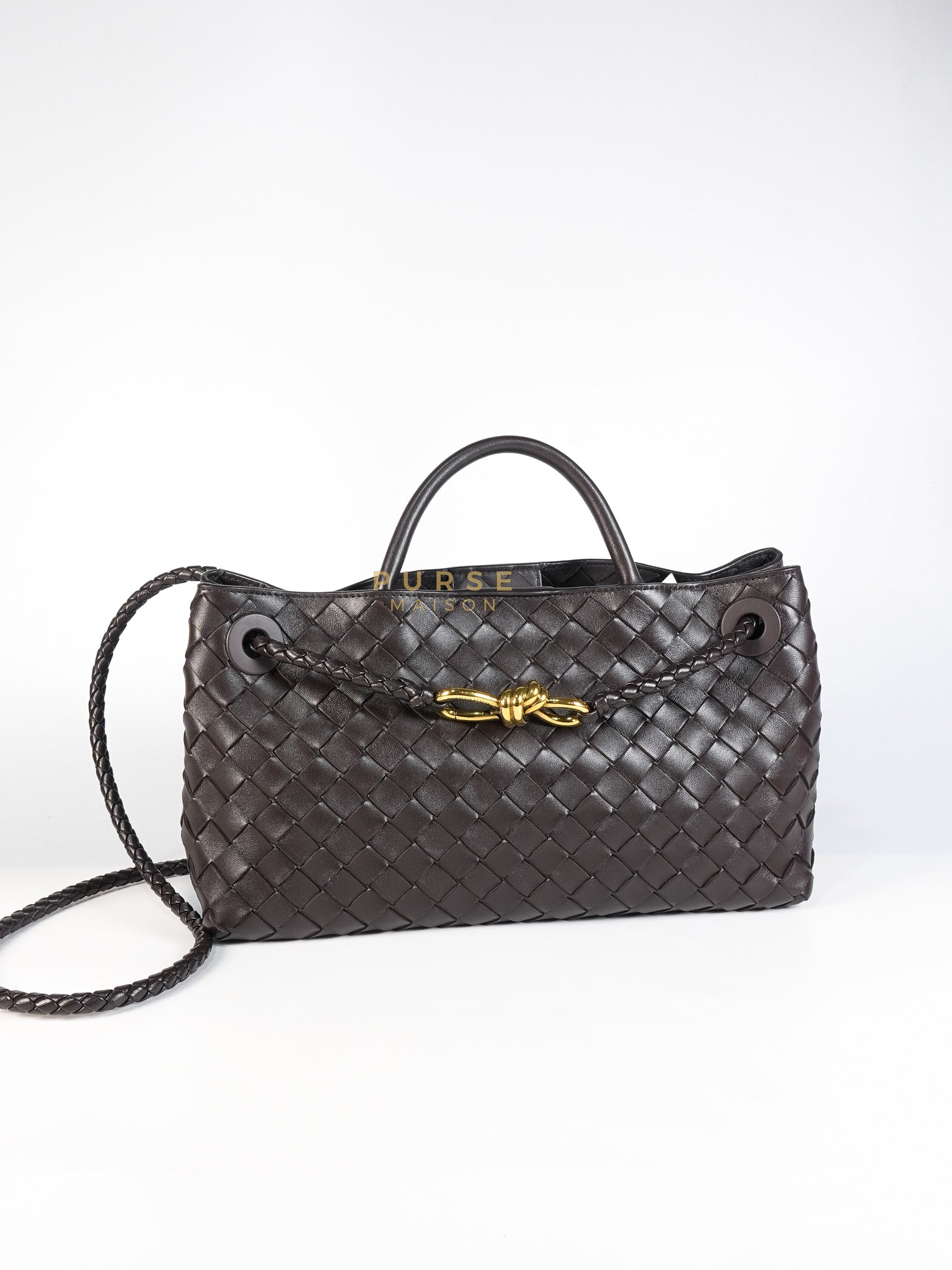 Andiamo East West Top Handle Bag in Dark Brown Intrecciato Leather | Purse Maison Luxury Bags Shop