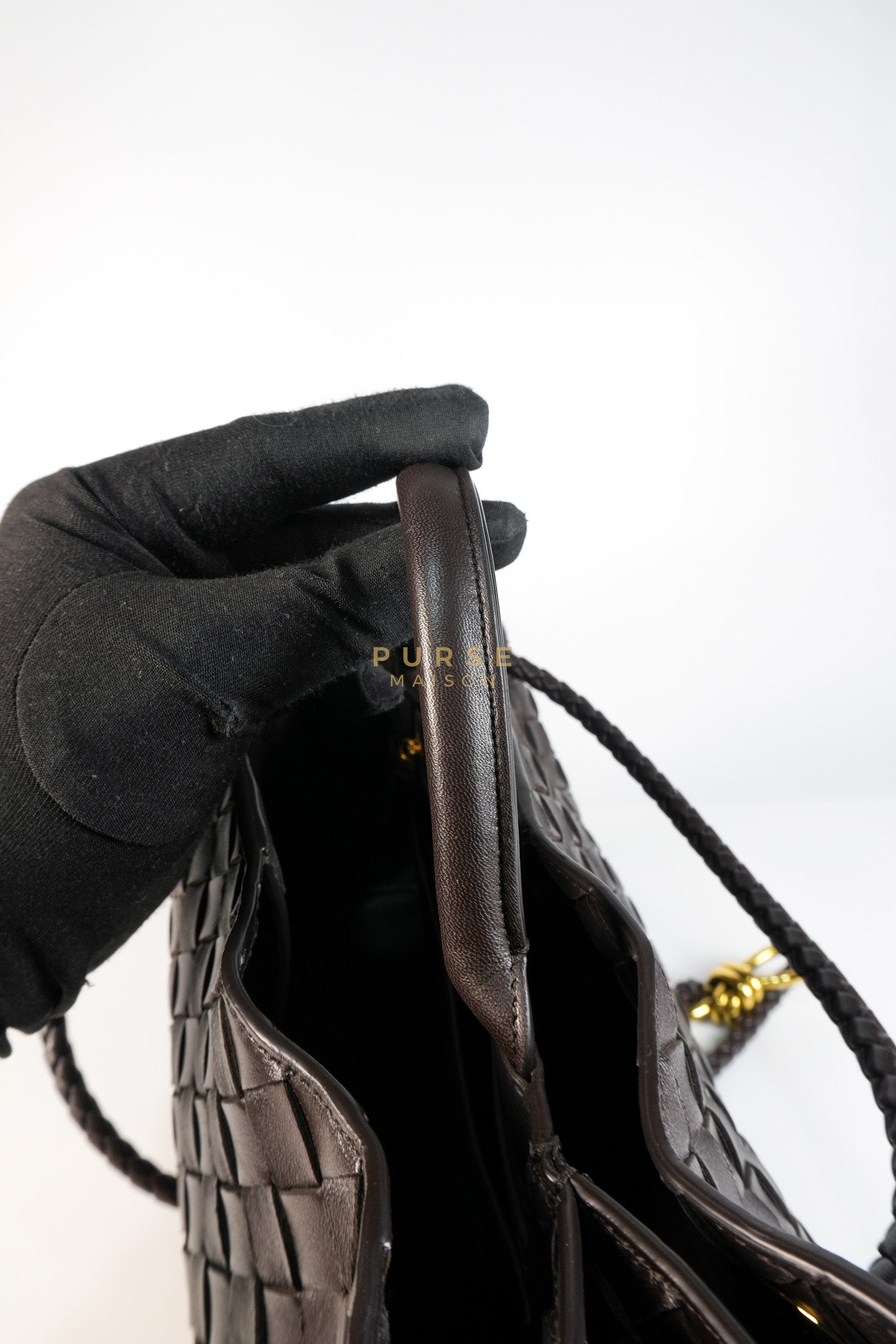 Andiamo East West Top Handle Bag in Dark Brown Intrecciato Leather | Purse Maison Luxury Bags Shop