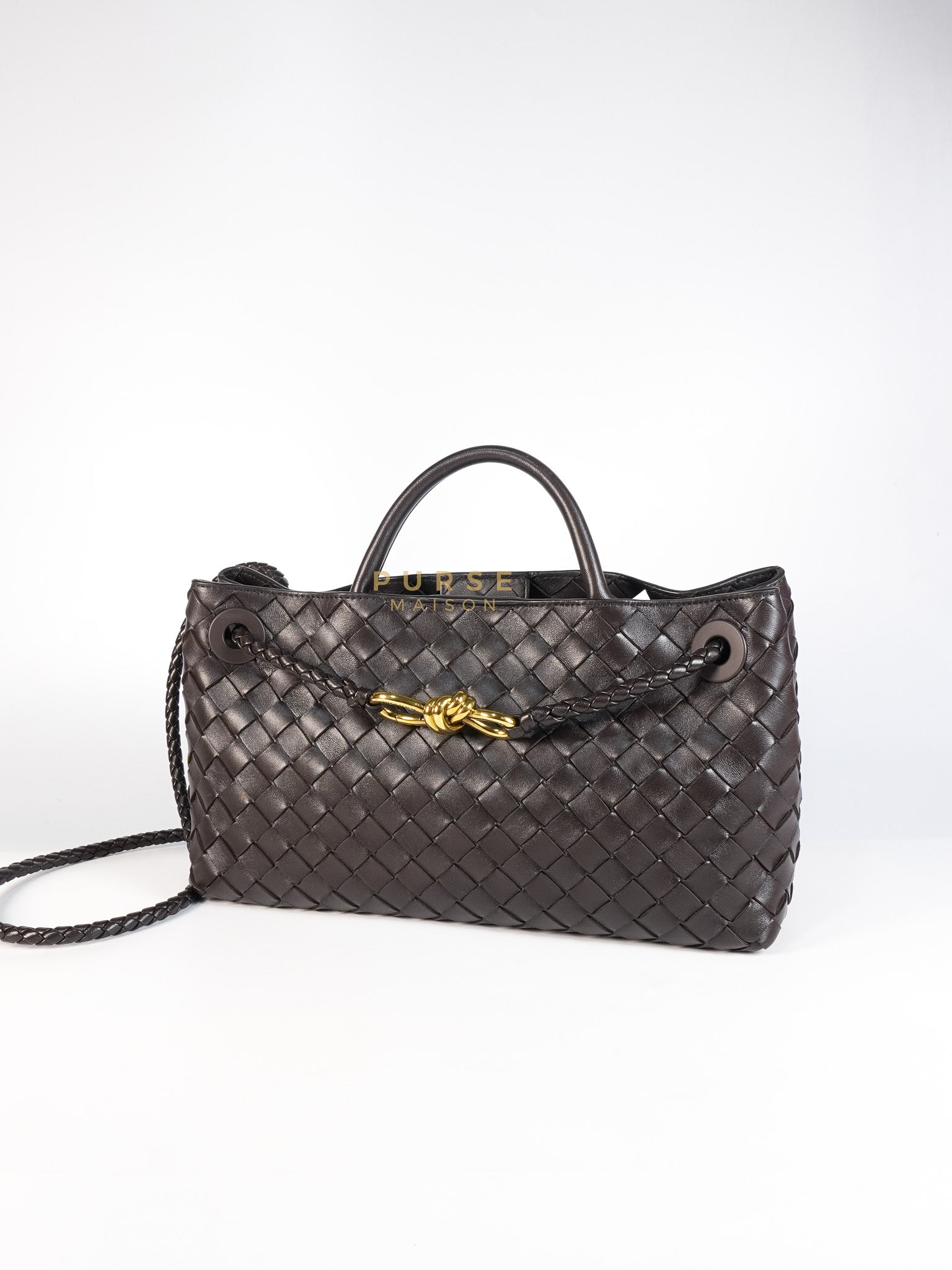 Andiamo East West Top Handle Bag in Dark Brown Intrecciato Leather | Purse Maison Luxury Bags Shop