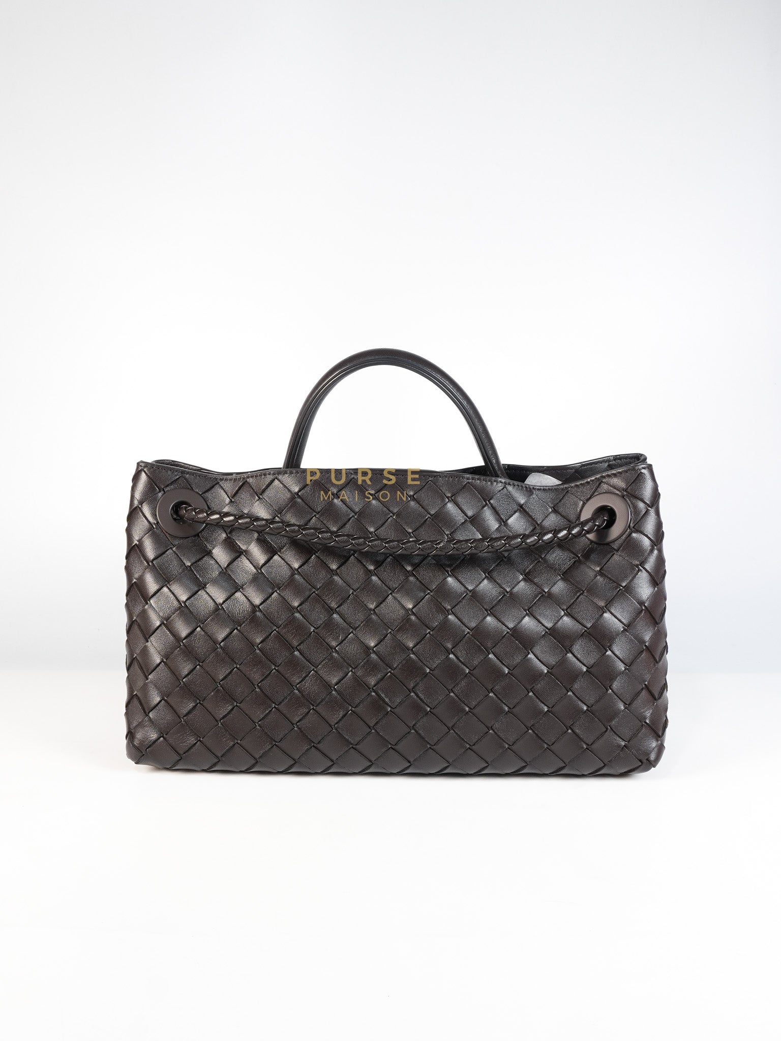 Andiamo East West Top Handle Bag in Dark Brown Intrecciato Leather | Purse Maison Luxury Bags Shop