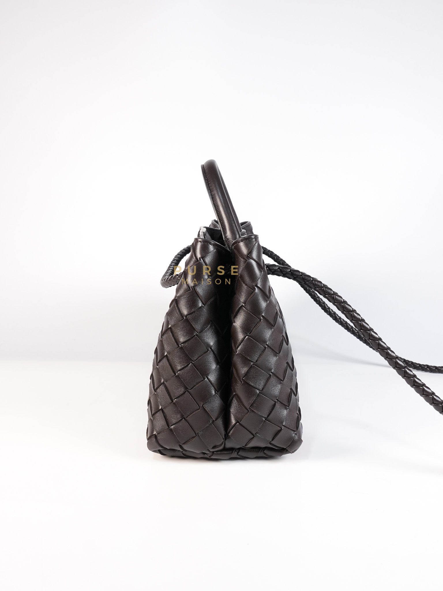 Andiamo East West Top Handle Bag in Dark Brown Intrecciato Leather | Purse Maison Luxury Bags Shop