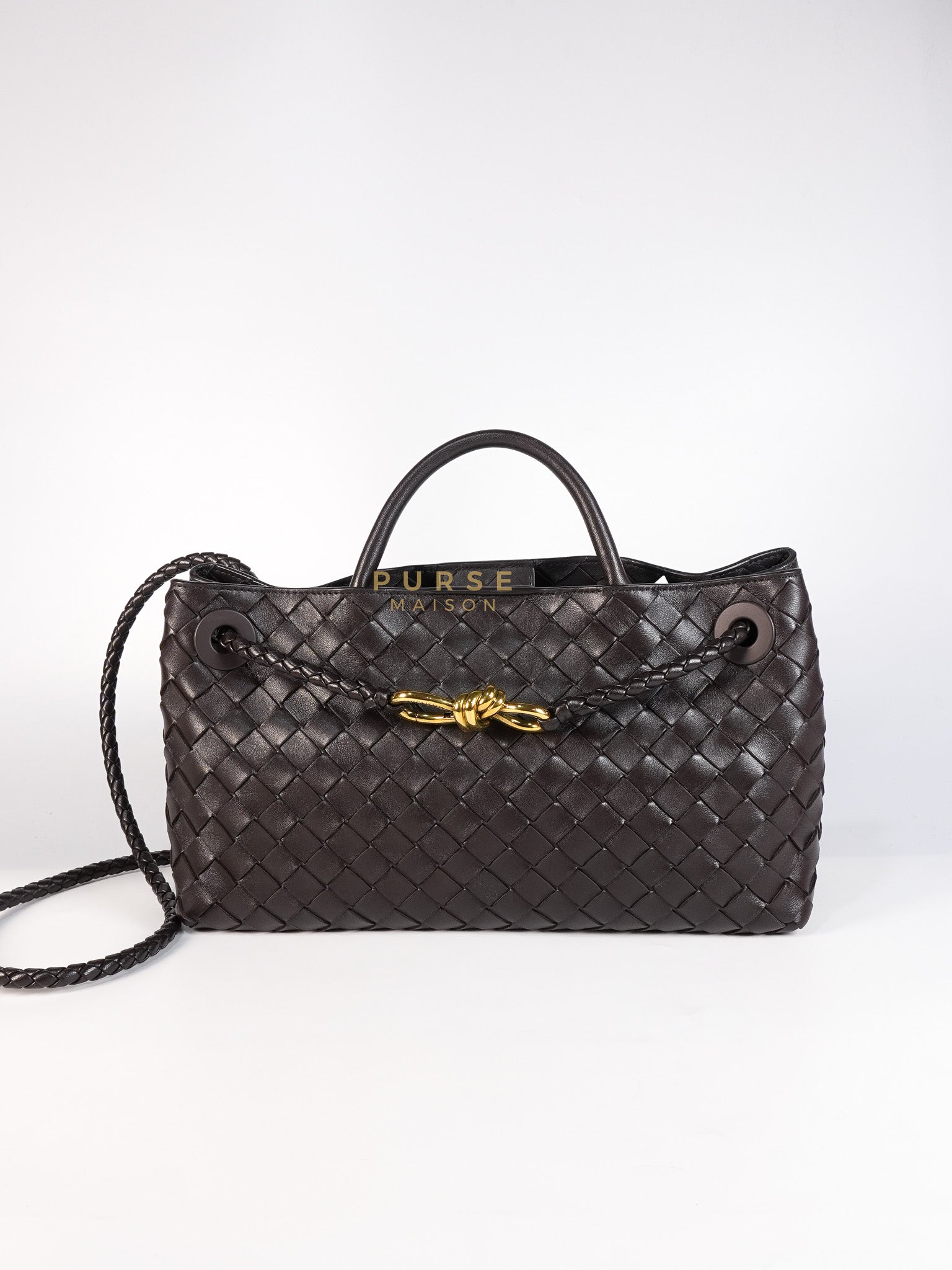 Andiamo East West Top Handle Bag in Dark Brown Intrecciato Leather | Purse Maison Luxury Bags Shop
