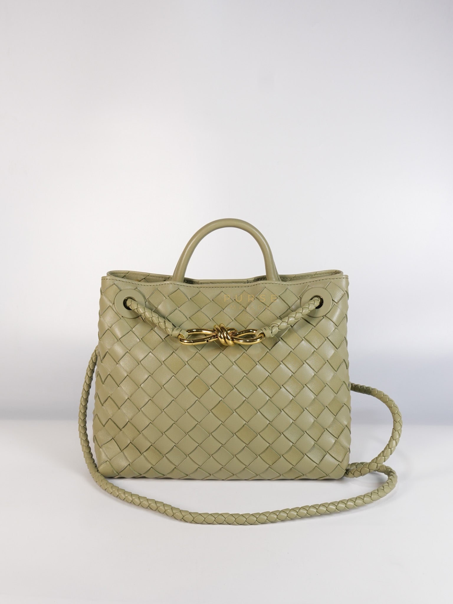 Andiamo Medium in Travertine Intrecciato Leather | Purse Maison Luxury Bags Shop