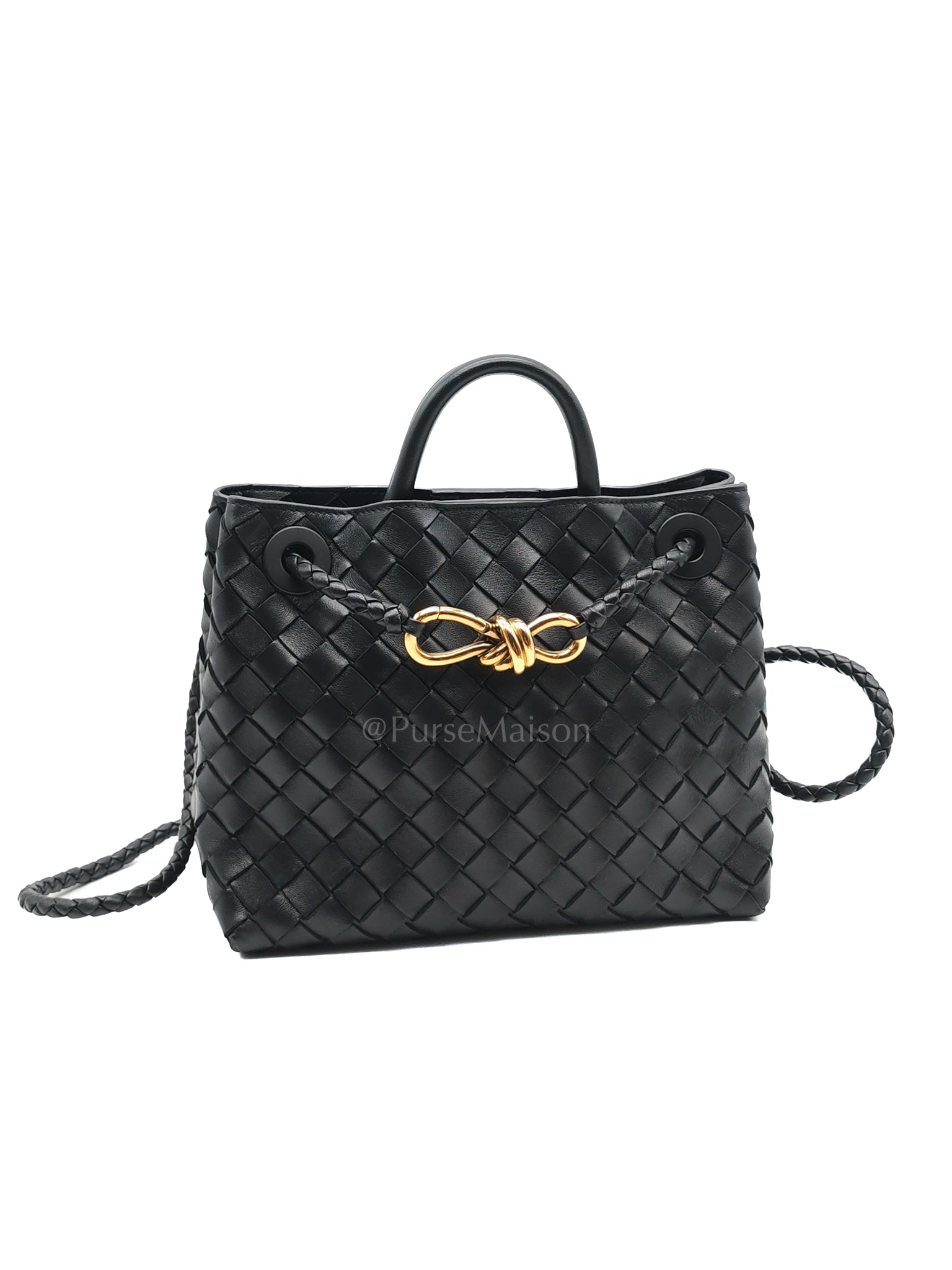 Andiamo Small in Black Intrecciato Leather Shoulder Bag | Purse Maison Luxury Bags Shop