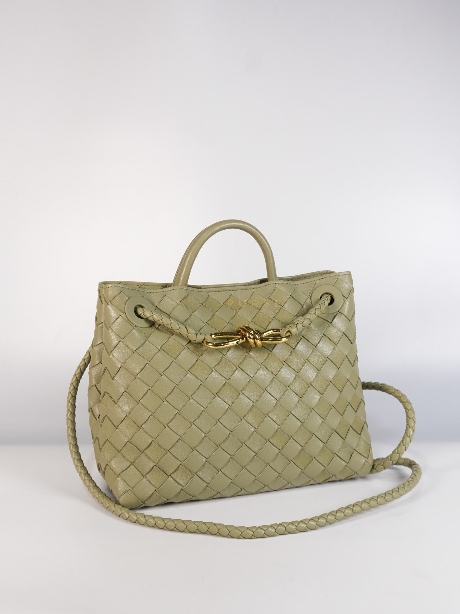 Andiamo Medium in Travertine Intrecciato Leather | Purse Maison Luxury Bags Shop