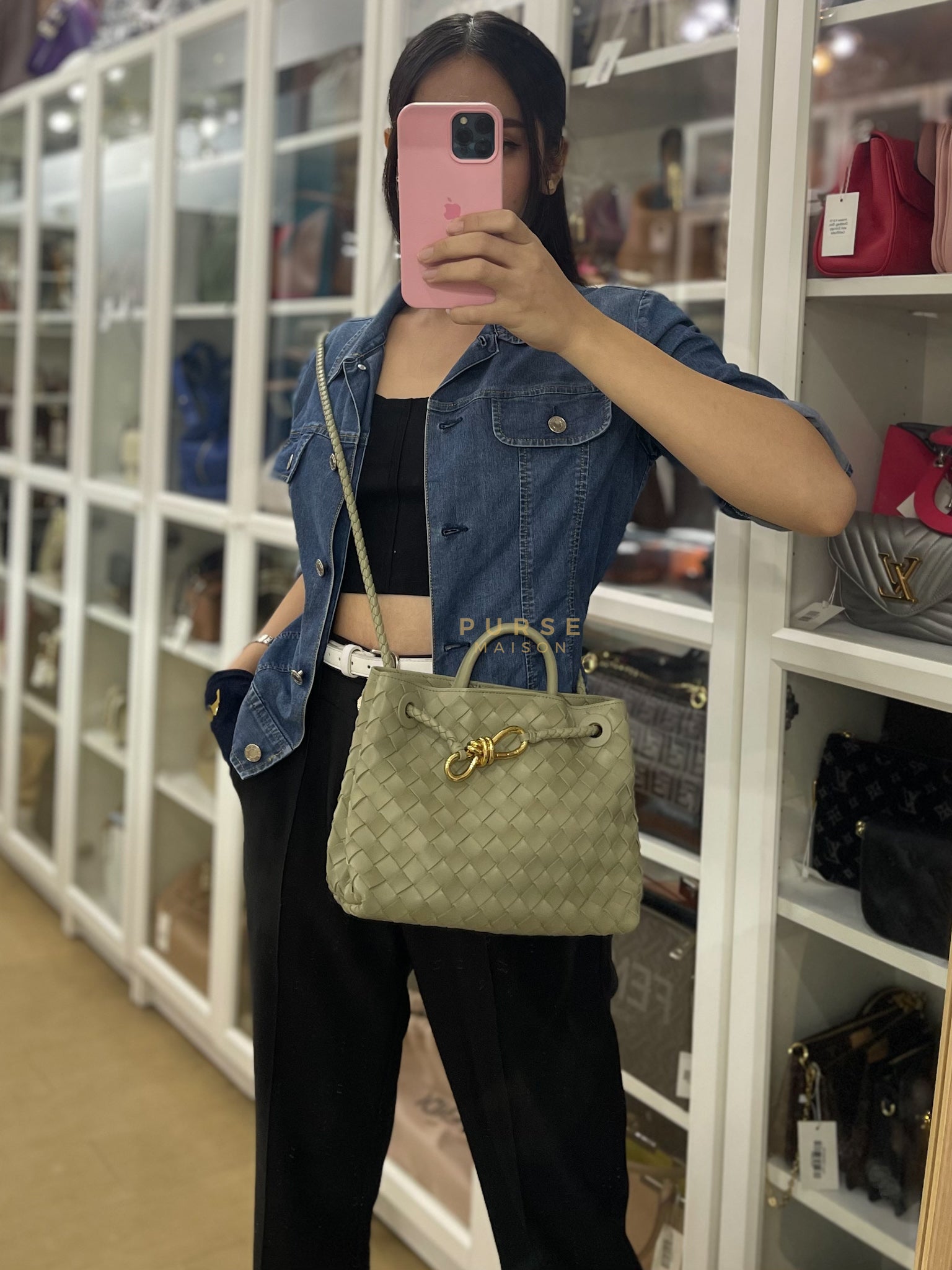 Andiamo Small in Travertine Intrecciato Leather | Purse Maison Luxury Bags Shop