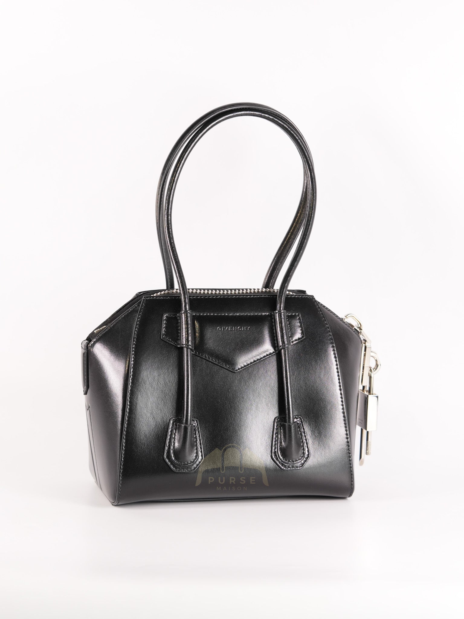 Antigona Lock Mini Handbag in Black Smooth Shiny Calfskin Leather | Purse Maison Luxury Bags Shop