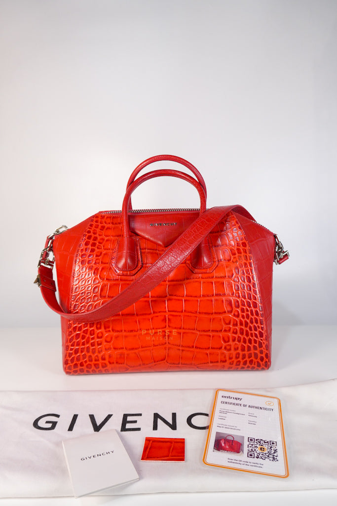 Antigona Medium in Red Crocodile Leather Silver Hardware | Purse Maison Luxury Bags Shop