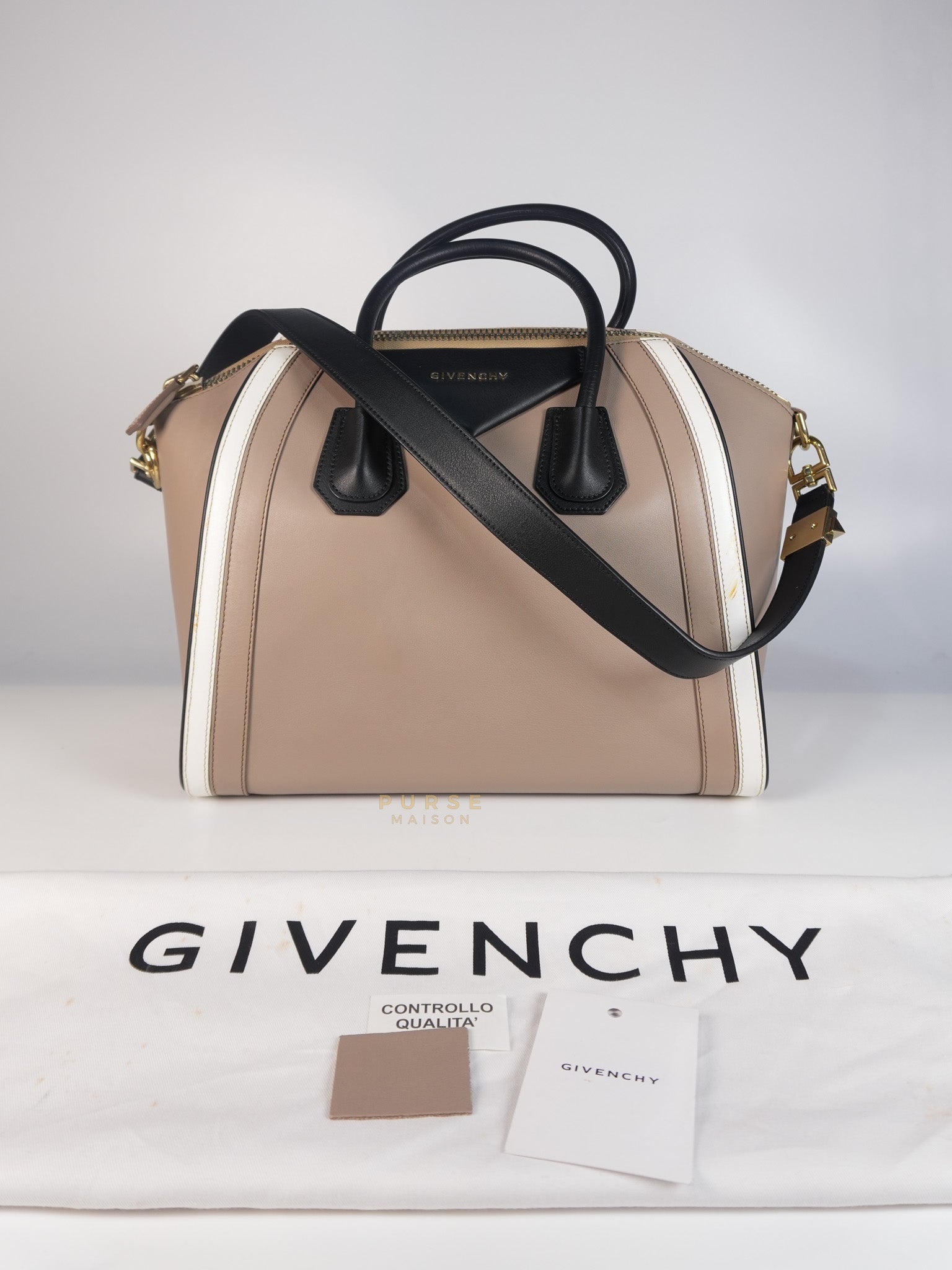 Antigona Tri-color Medium in Black/White/Beige Calfskin Leather | Purse Maison Luxury Bags Shop