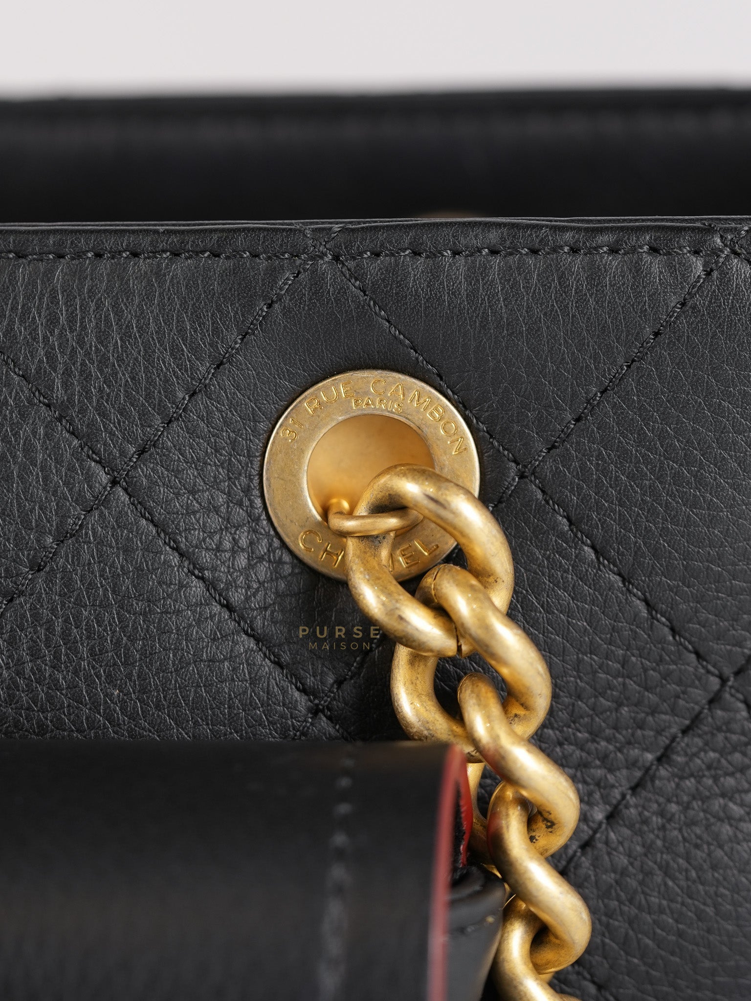 Archi Chic Small Shopping Tote in Black Quilted Grained Calfskin Leather & Aged Gold Hardware (Series 25) | Purse Maison Luxury Bags Shop