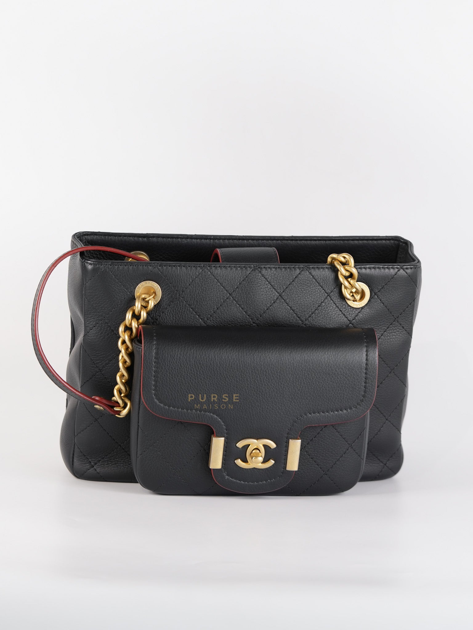 Archi Chic Small Shopping Tote in Black Quilted Grained Calfskin Leather & Aged Gold Hardware (Series 25) | Purse Maison Luxury Bags Shop