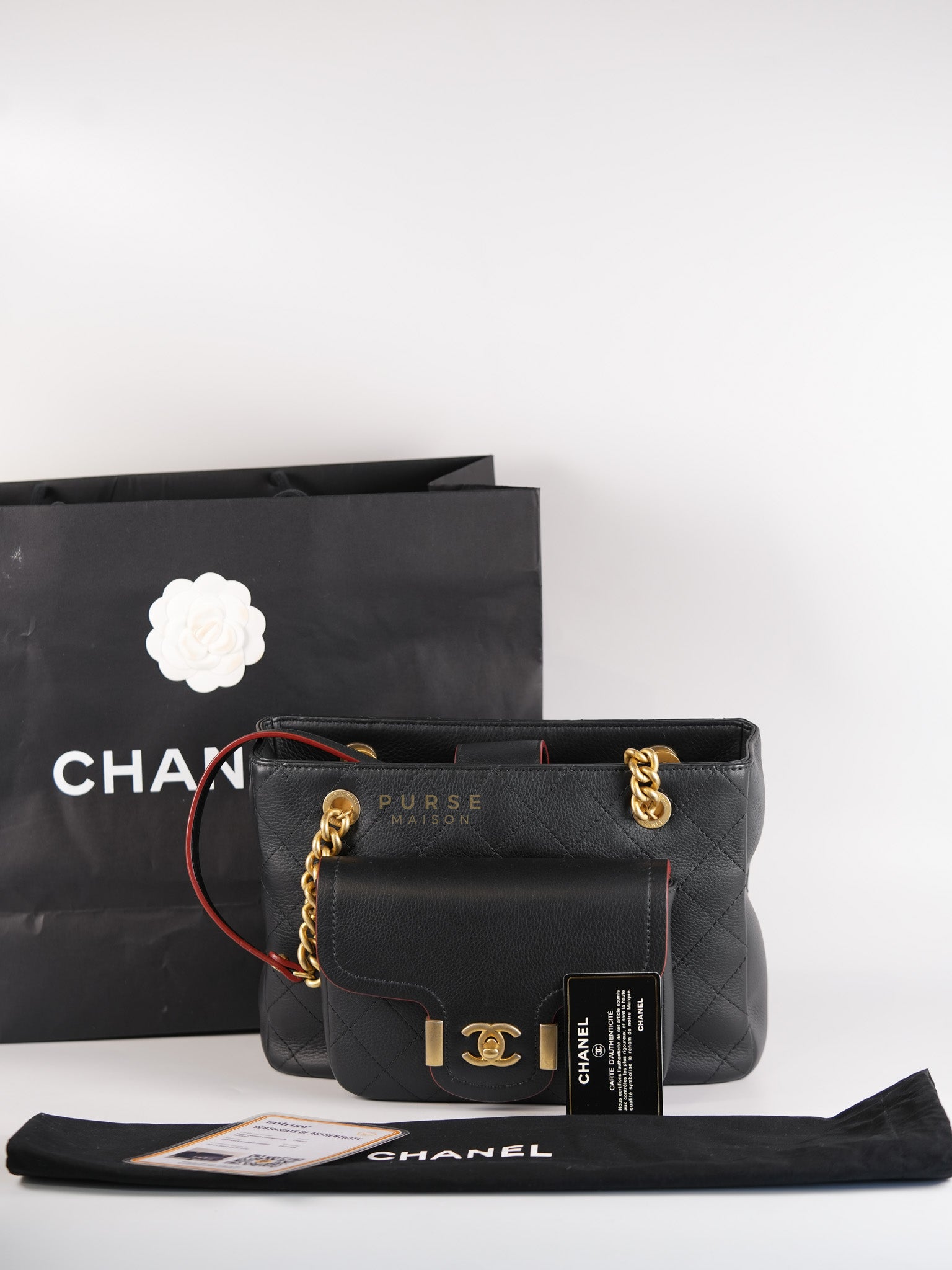 Archi Chic Small Shopping Tote in Black Quilted Grained Calfskin Leather & Aged Gold Hardware (Series 25) | Purse Maison Luxury Bags Shop