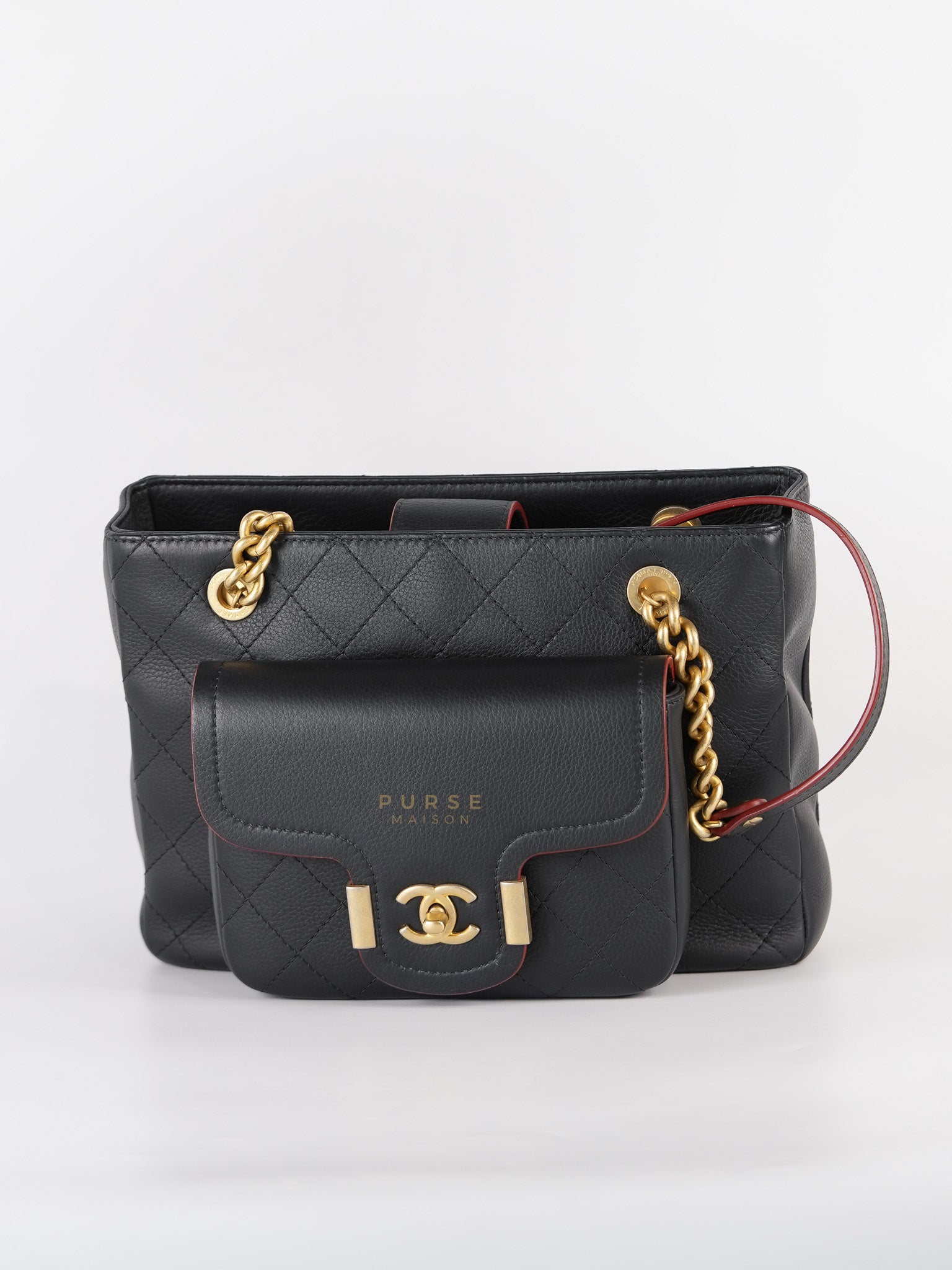 Archi Chic Small Shopping Tote in Black Quilted Grained Calfskin Leather & Aged Gold Hardware (Series 25) | Purse Maison Luxury Bags Shop