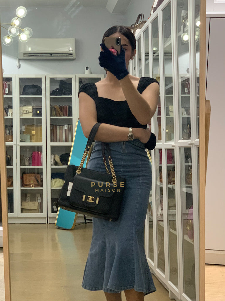 Archi Chic Small Shopping Tote in Black Quilted Grained Calfskin Leather & Aged Gold Hardware (Series 25) | Purse Maison Luxury Bags Shop