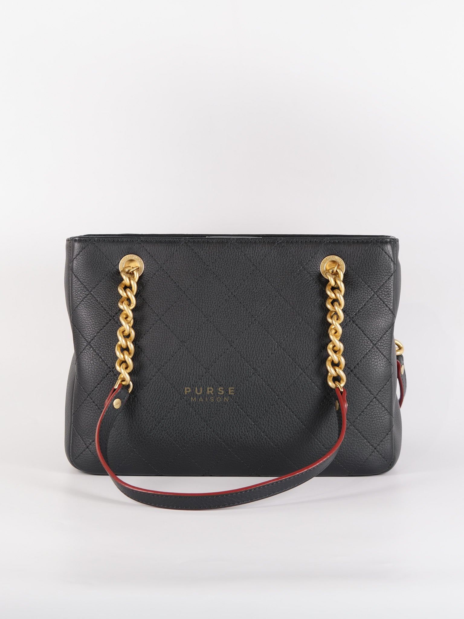 Archi Chic Small Shopping Tote in Black Quilted Grained Calfskin Leather & Aged Gold Hardware (Series 25) | Purse Maison Luxury Bags Shop